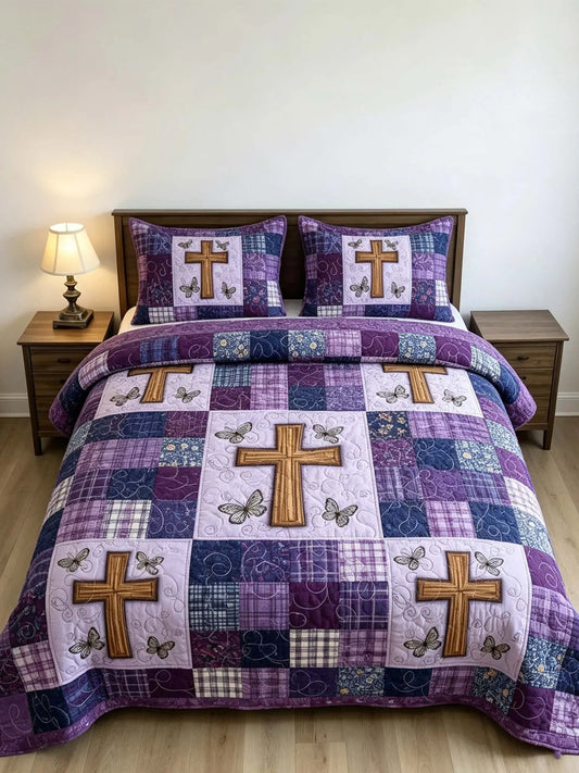 Purple Sash Cross 3-Piece Quilted Bedding Set