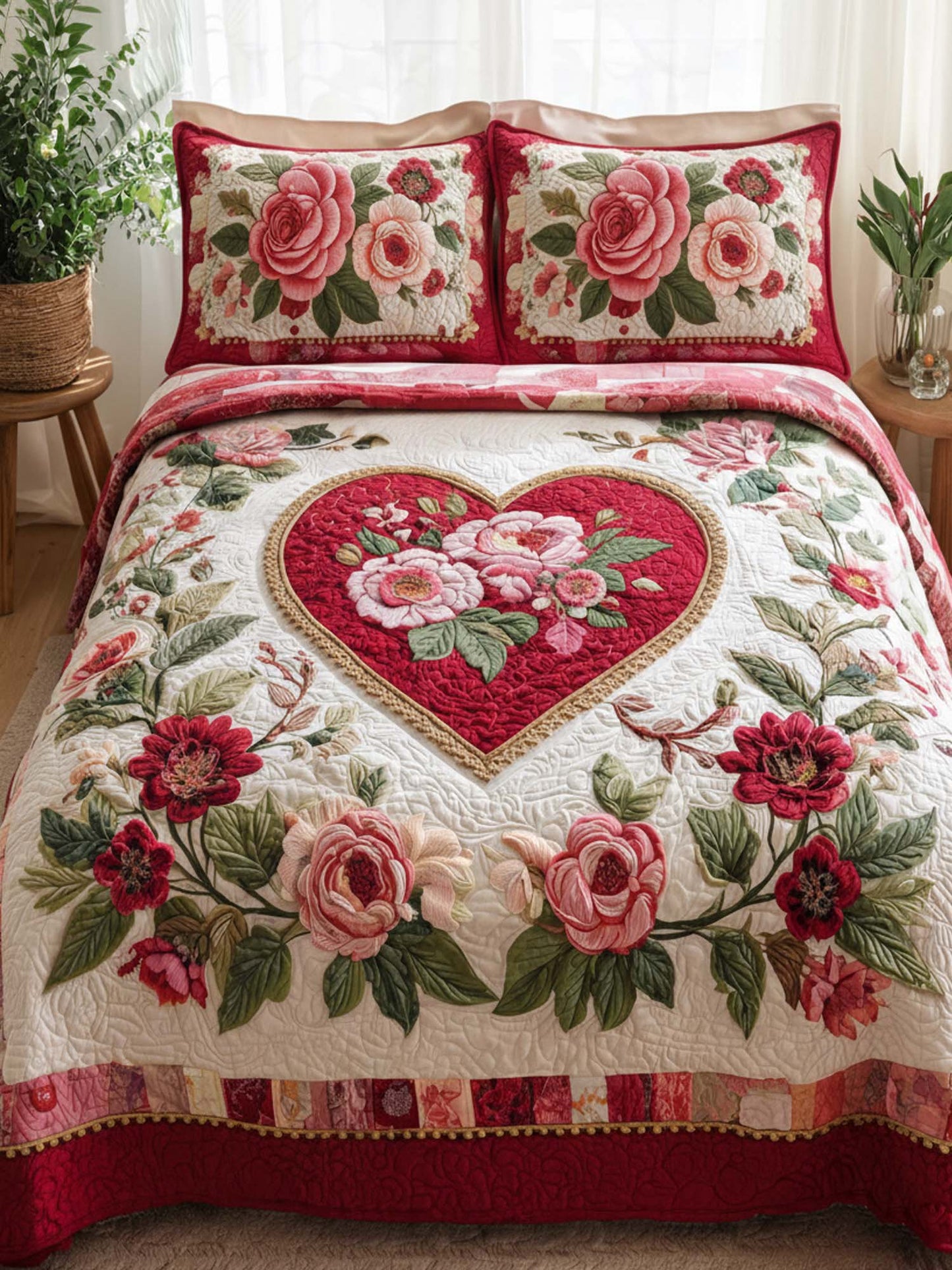 Rose And Heart Valentine's Day 3- Piece Quilted Bedding Set