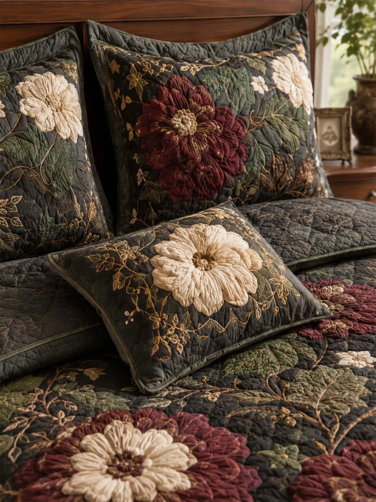 Dark Botanical Floral Quilted 3-Piece Bedding Set – Luxury Quilted Bedding with Matching Pillow Shams