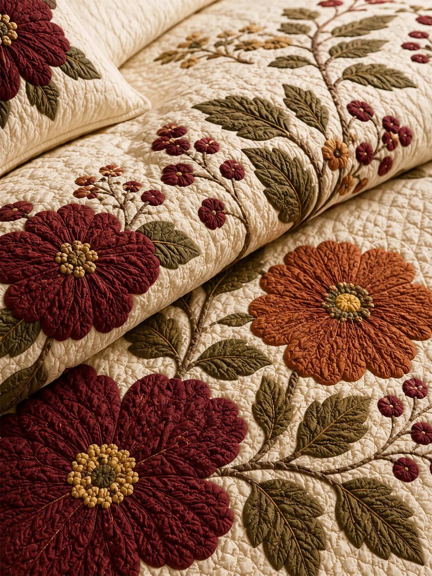 Vintage Floral Quilted 3-Piece Bedding Set – Luxury Quilted Bedding with Matching Pillow Shams