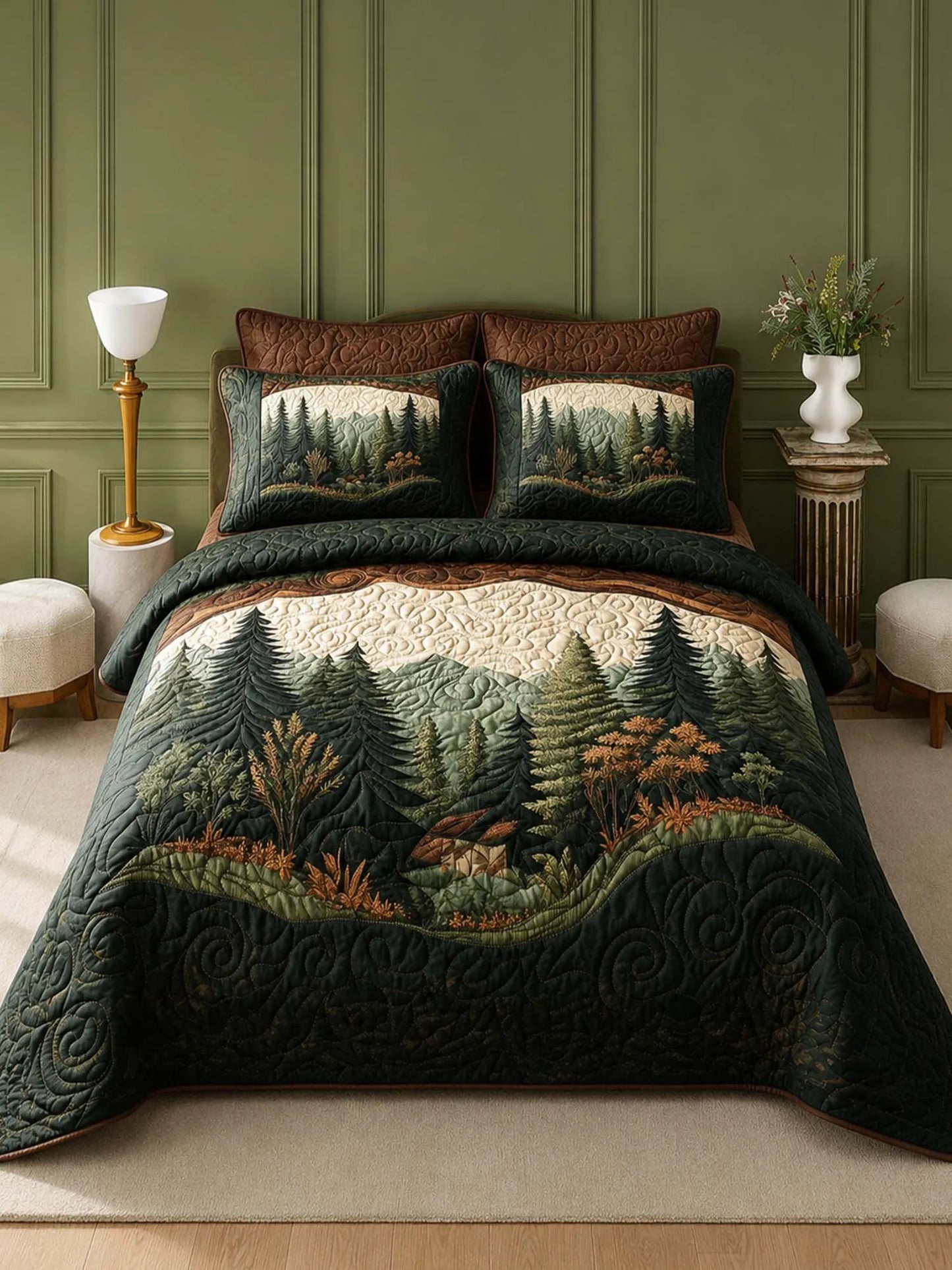 Dark Forest Retreat Quilted 3-Piece Bedding Set