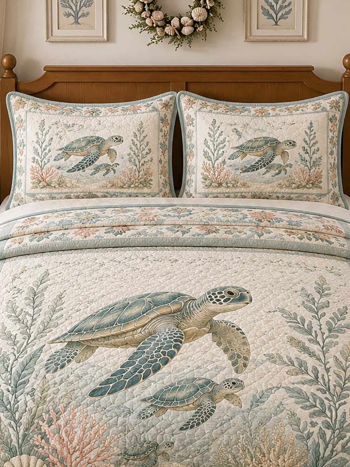 Vintage Nautical Ocean Turtle Seagrass Floral 3‐Piece Quilted Bedding Set