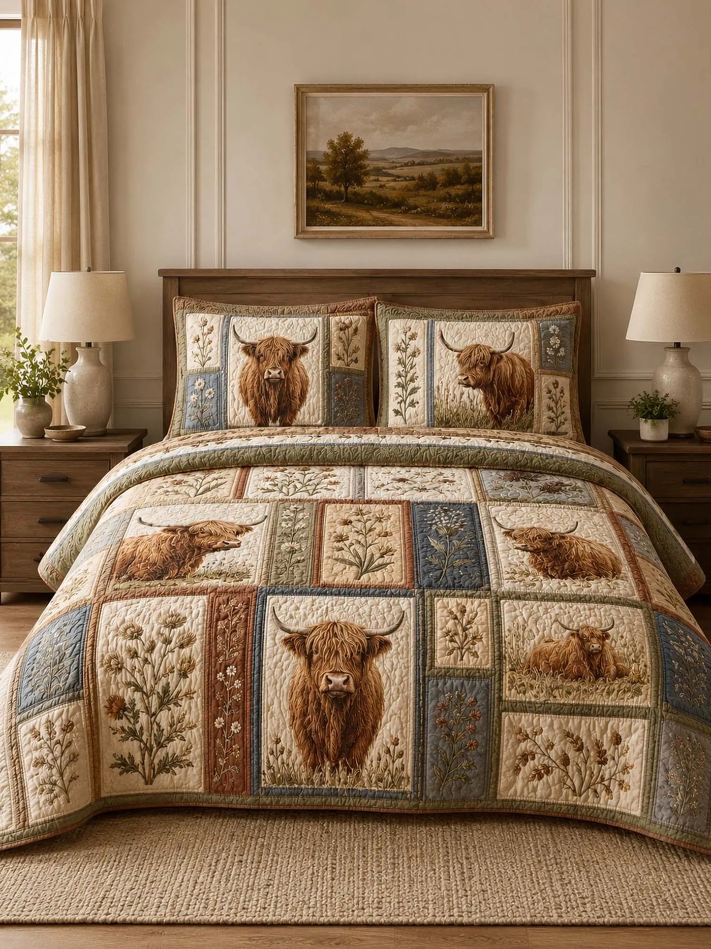 Highland Cow Quilted 3-Piece Bedding Set – Classic Americana Quilted Bedding With Matching Pillow Shams