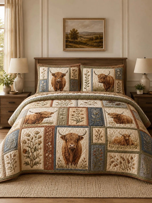 Highland Cow Quilted 3-Piece Bedding Set – Classic Americana Quilted Bedding With Matching Pillow Shams