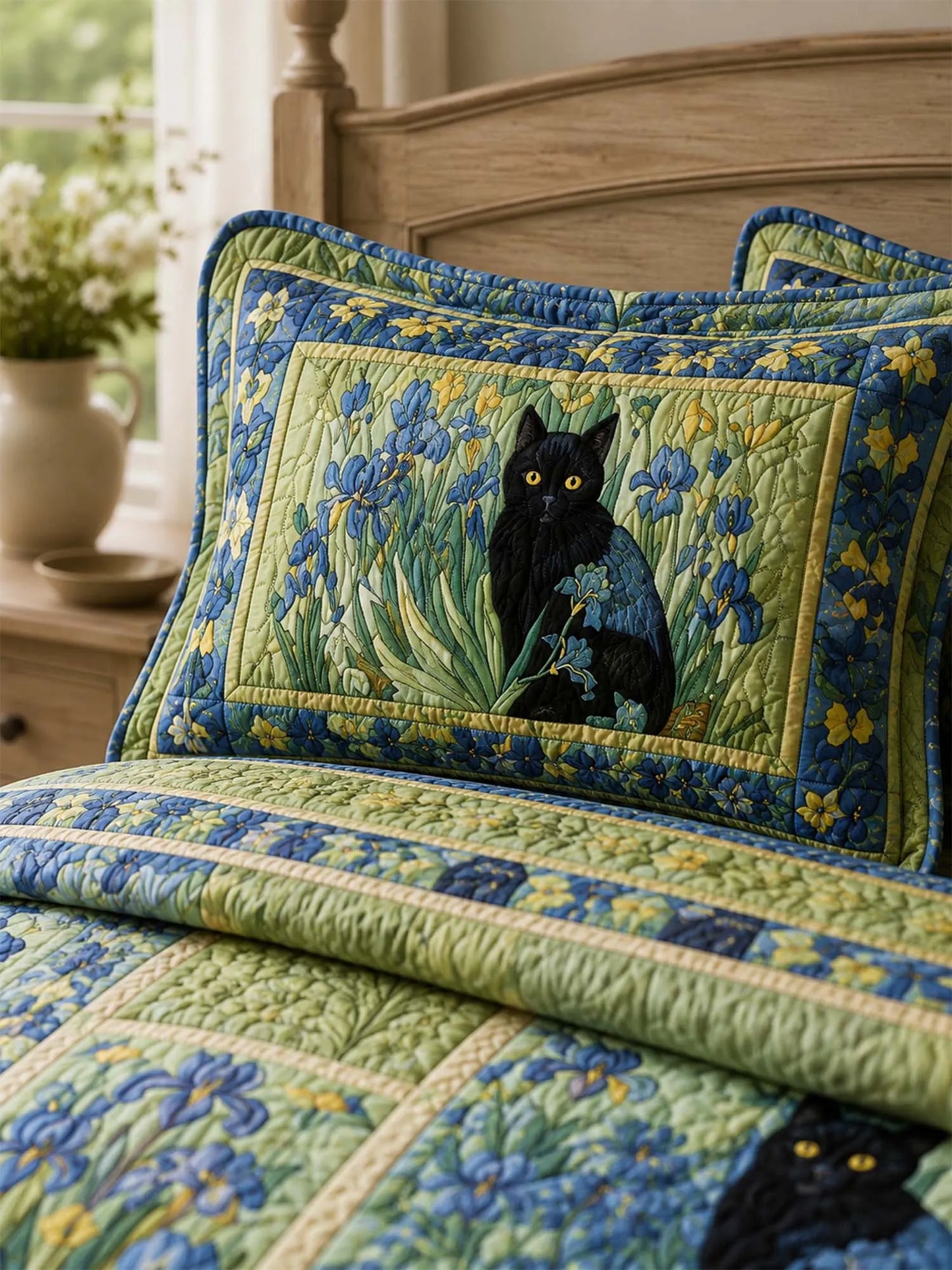Blue Iris Cat Garden Quilted 3-Piece Bedding Set