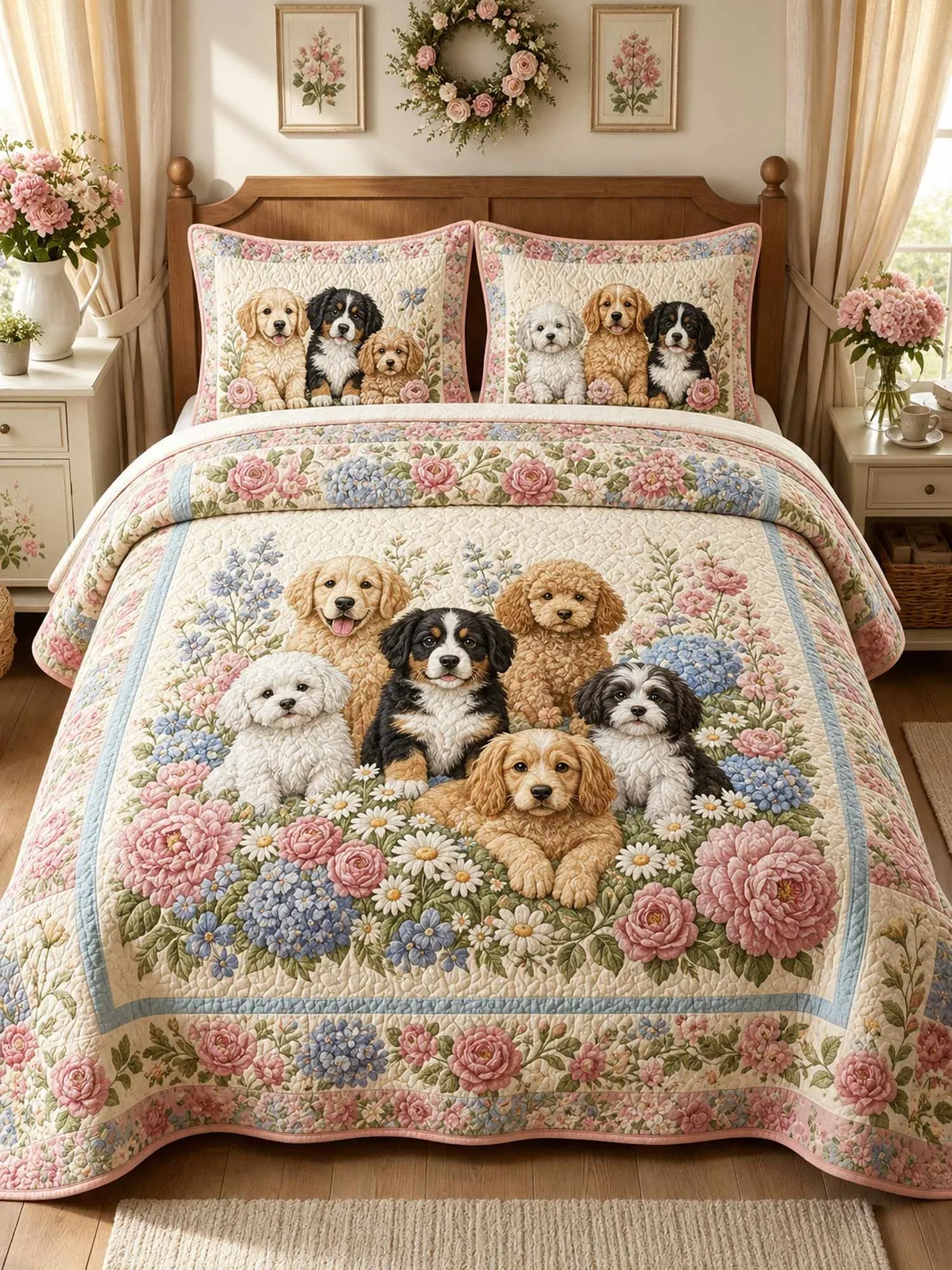 Garden Puppy Gathering 3-Piece Quilted Bedding Set