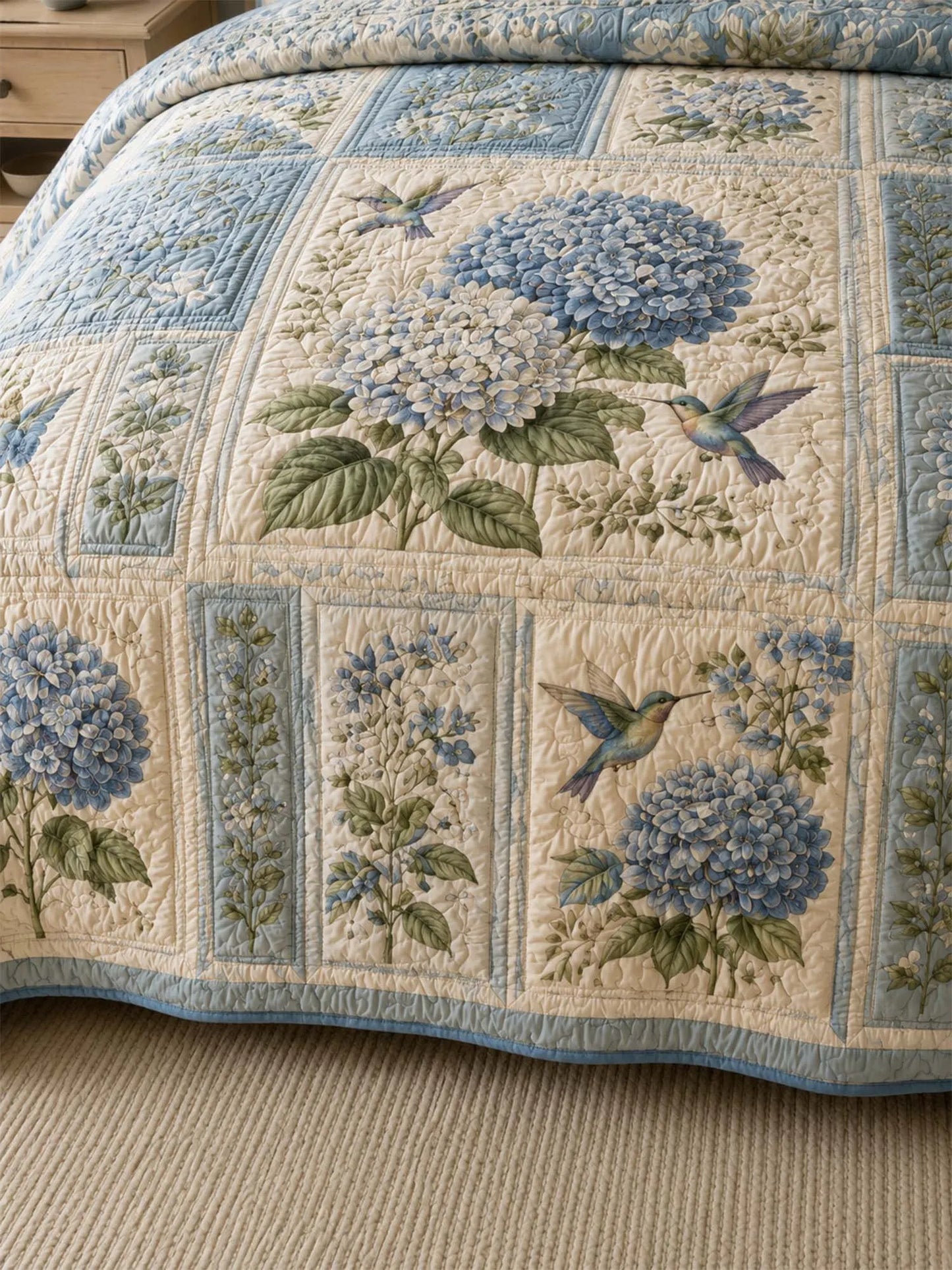 Blue Hydrangea Quilted 3-Piece Bedding Set – Classic Americana Quilted Bedding With Matching Pillow Shams