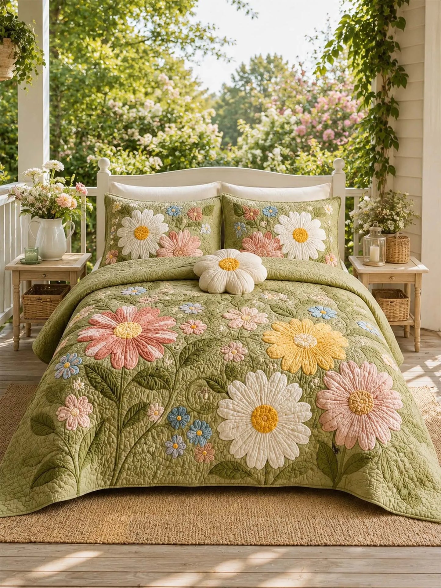 Daisy Floral Quilted 3-Piece Bedding Set – Luxury Quilted Bedding with Matching Pillow Shams