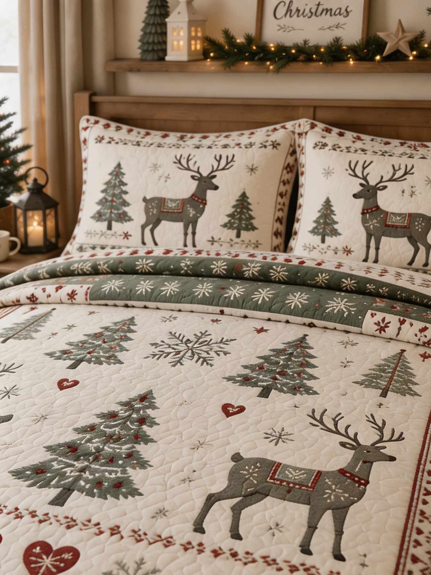 Reindeer Tree Nordic Folk Christmas 3‐Piece Quilted Bedding Set