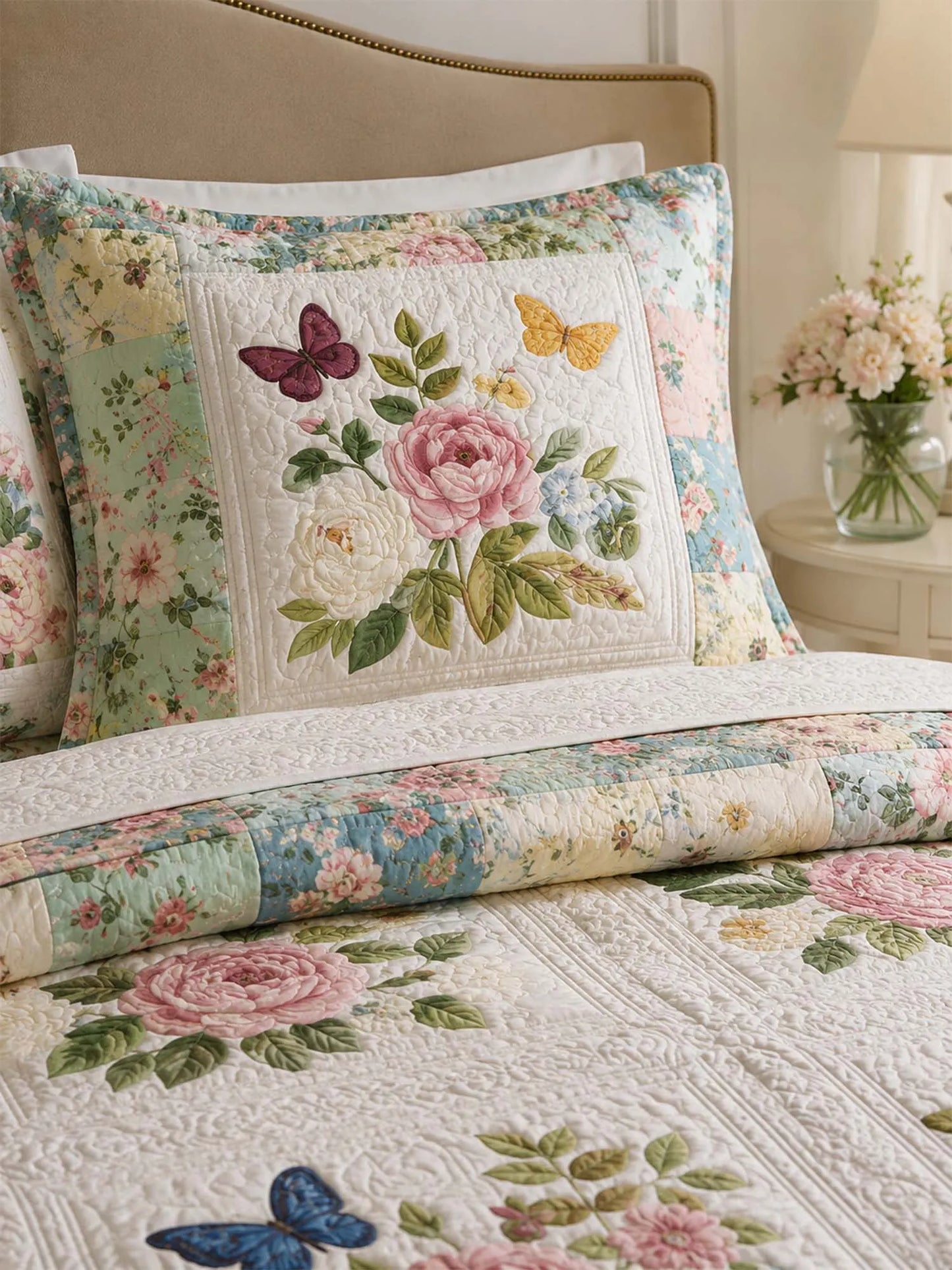 Vintage Floral Garden Quilted 3-Piece Bedding Set