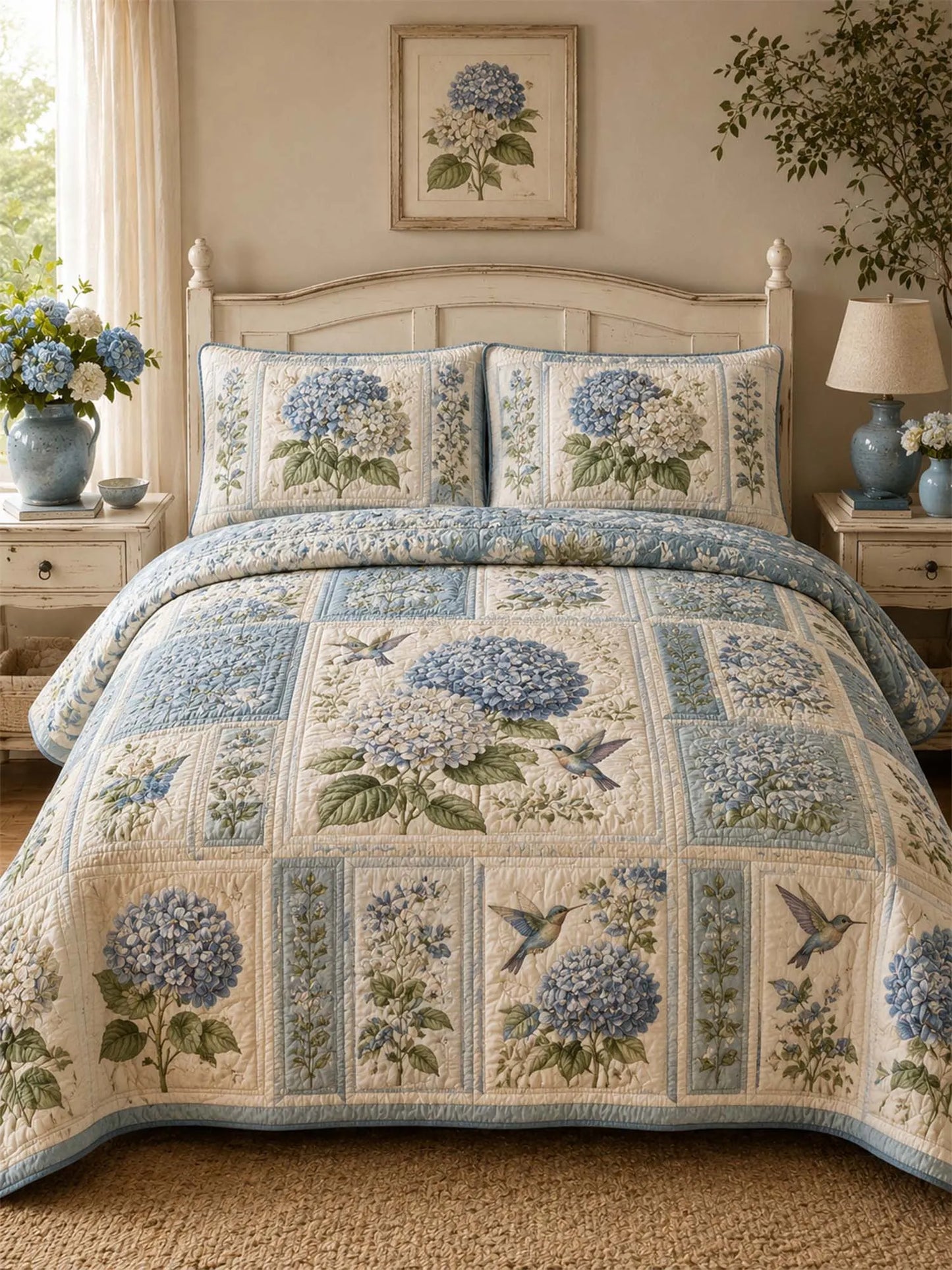 Blue Hydrangea Quilted 3-Piece Bedding Set – Classic Americana Quilted Bedding With Matching Pillow Shams