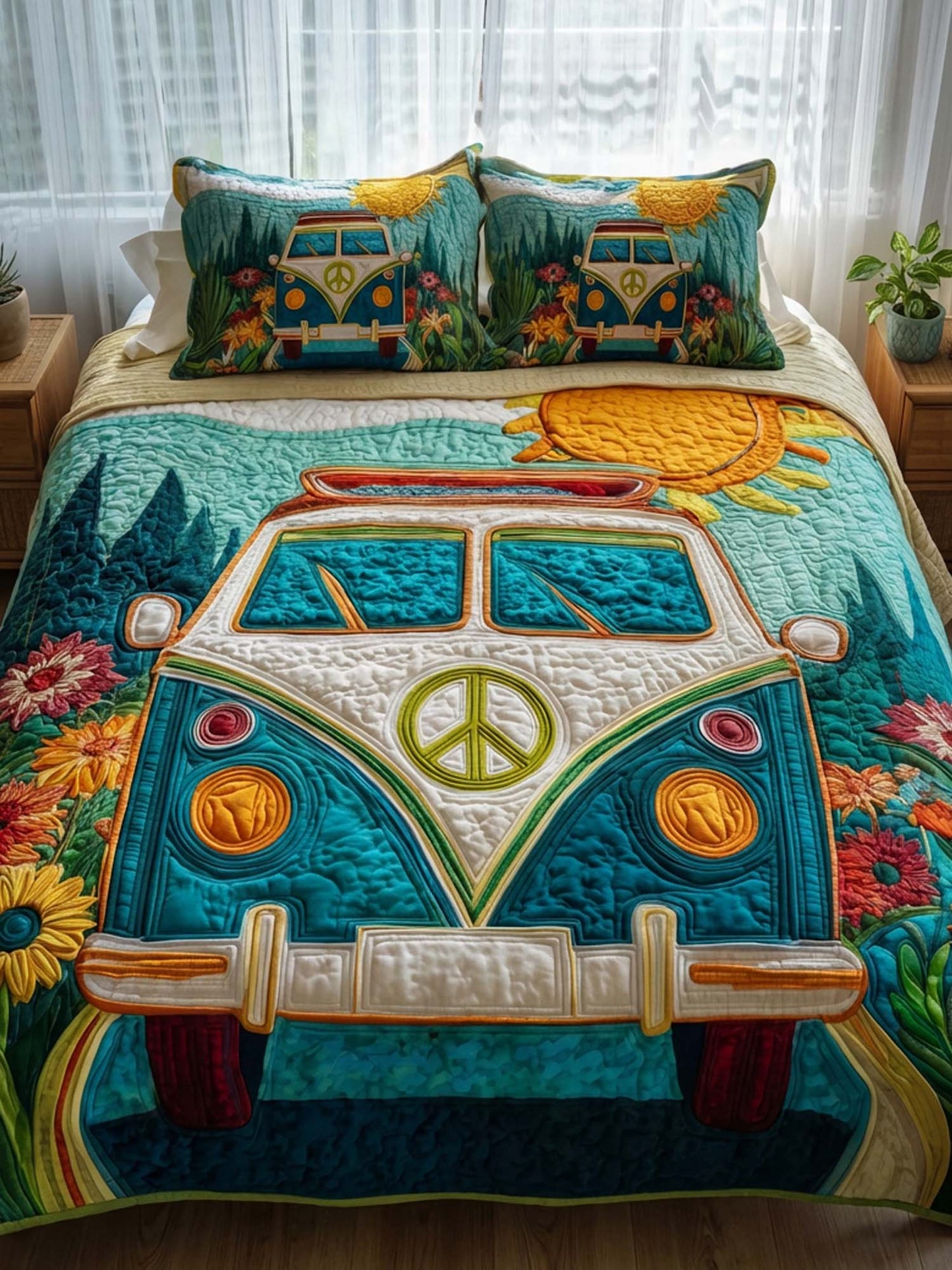Hippie Van Peace 3- Piece Quilted Bedding Set
