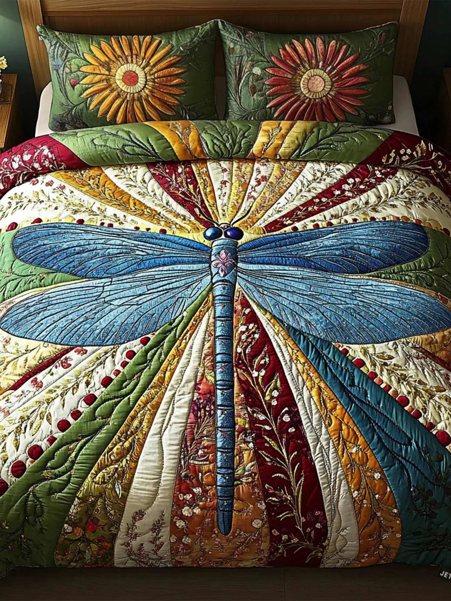 Golden Dragonfly 3-Piece  Quilted Bedding Set