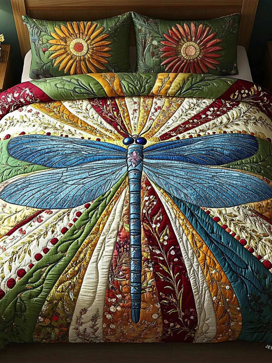 Golden Dragonfly 3-Piece  Quilted Bedding Set