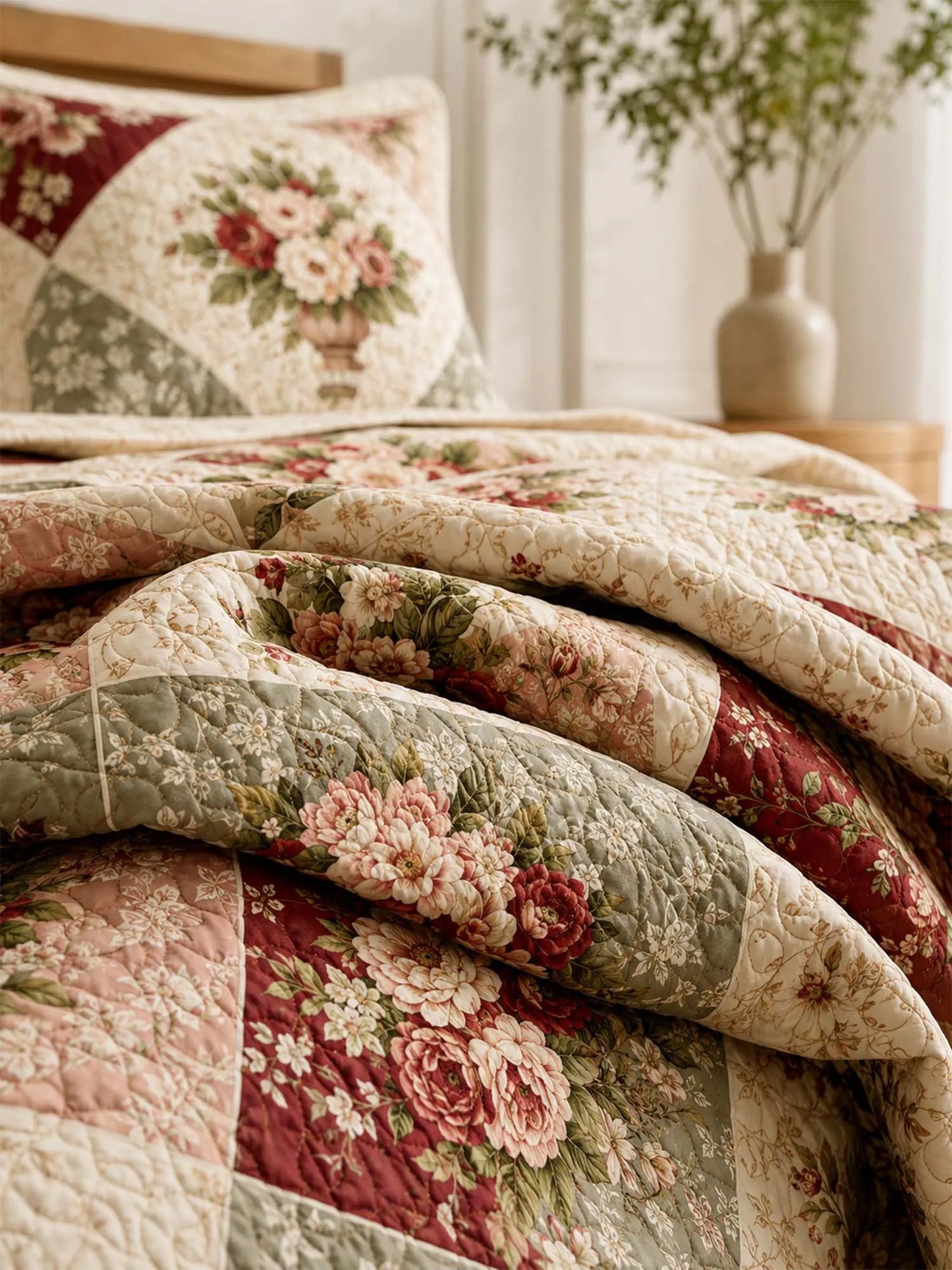 Vintage Rose Garden Quilted 3-Piece Bedding Set