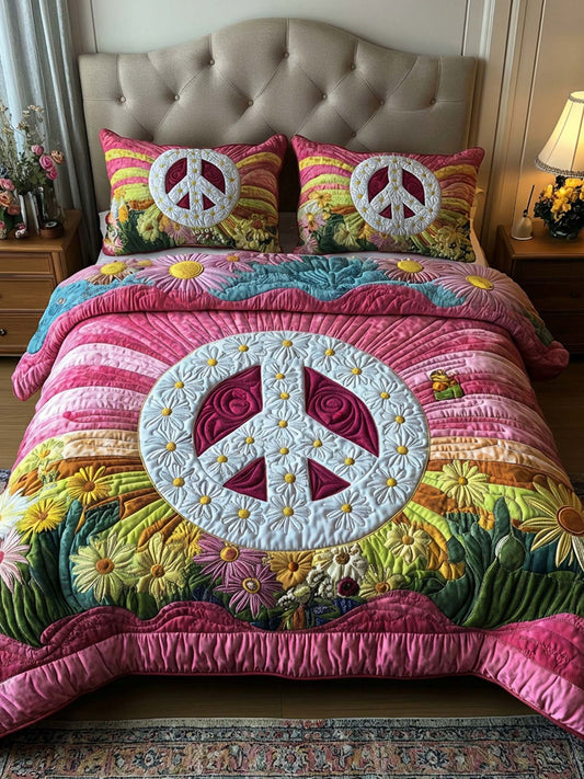 Peace Flower 3- Piece Quilted Bedding Set