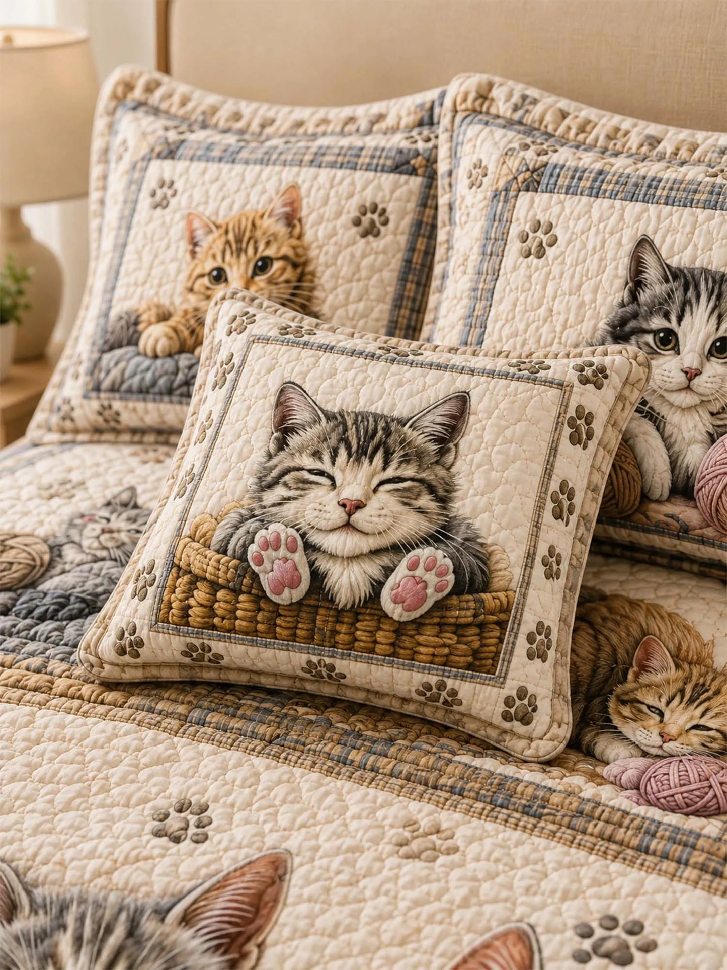 Cat Lovers Cozy Yarn Quilted 3-Piece Bedding Set