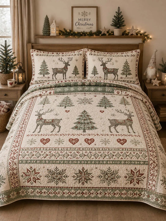 Reindeer Tree Nordic Folk Christmas 3‐Piece Quilted Bedding Set