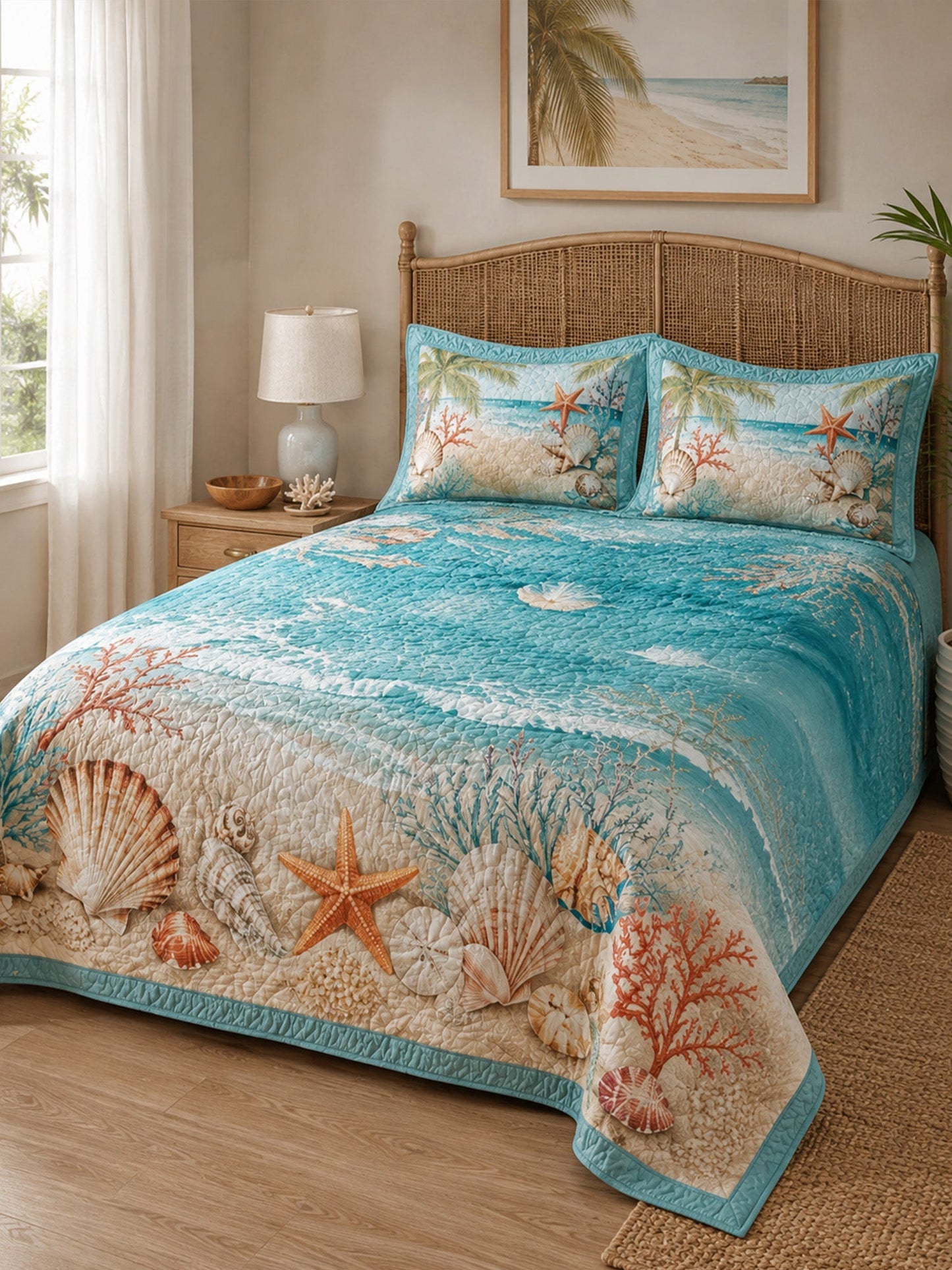 Seashells and Starfish on the Shore 3-Piece  Quilted Bedding Set