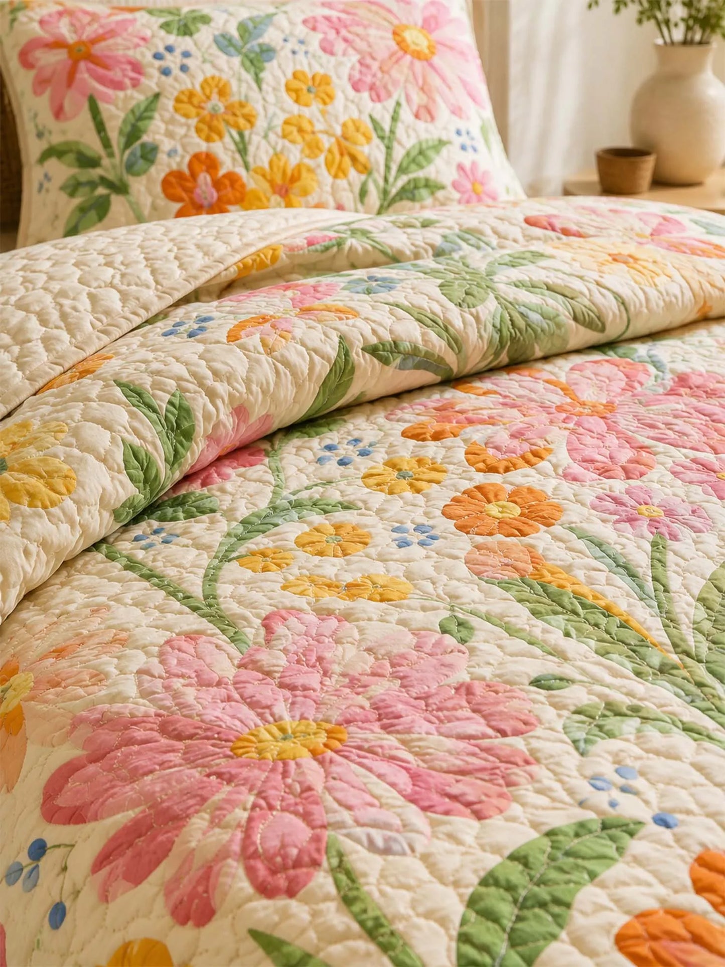 Colorful Wildflower Meadow Quilted 3-Piece Bedding Set