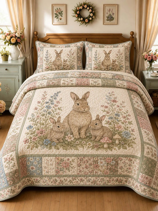 Vintage Easter Bunny Garden Floral Patchwork 3‐Piece Quilted Bedding Set