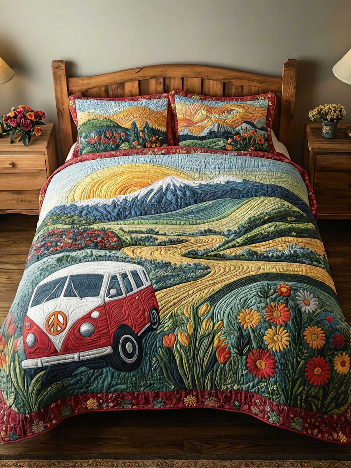 Hippie Van Flower 3- Piece Quilted Bedding Set