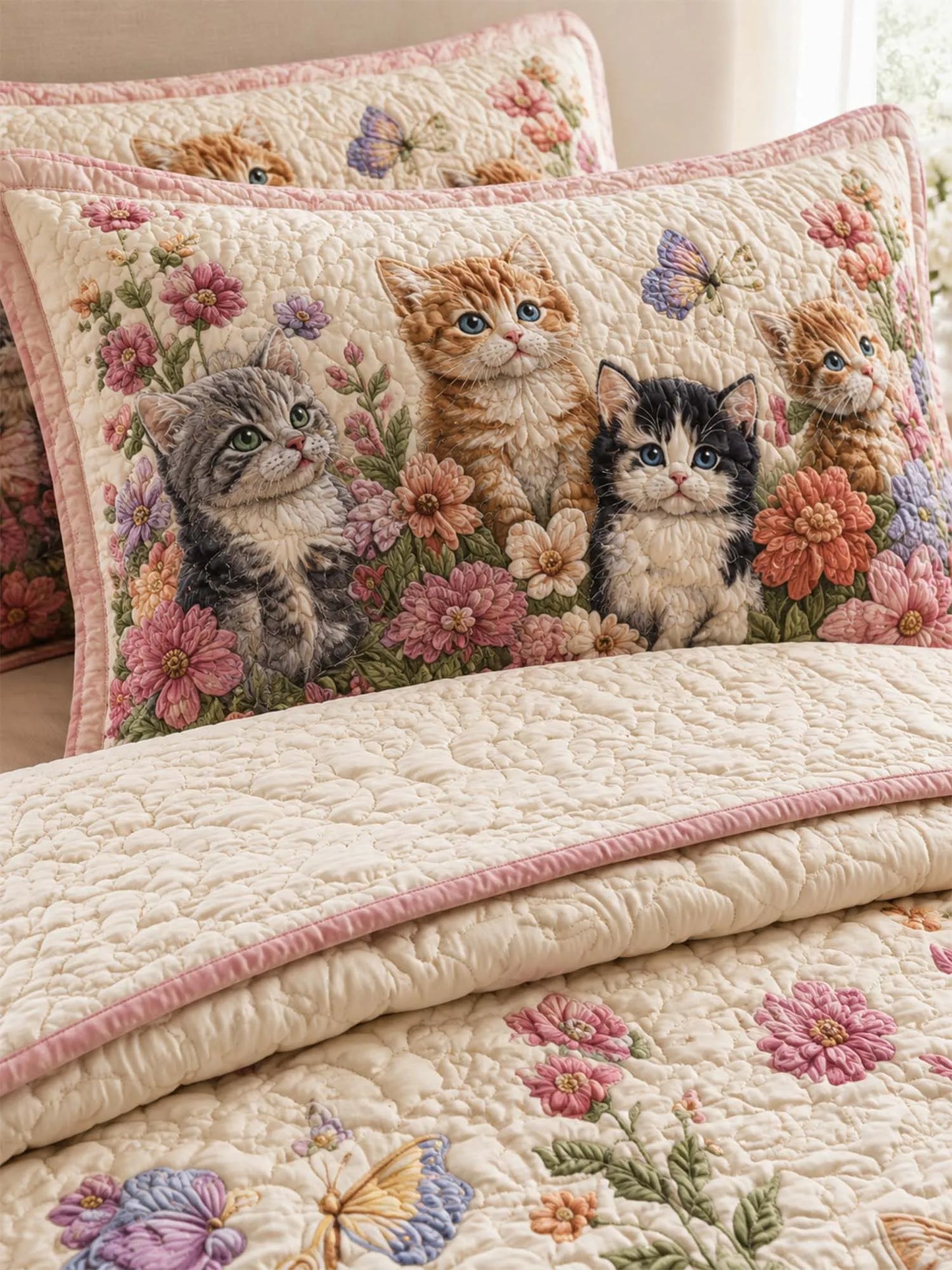 Garden Cat Floral Quilted 3-Piece Bedding Set