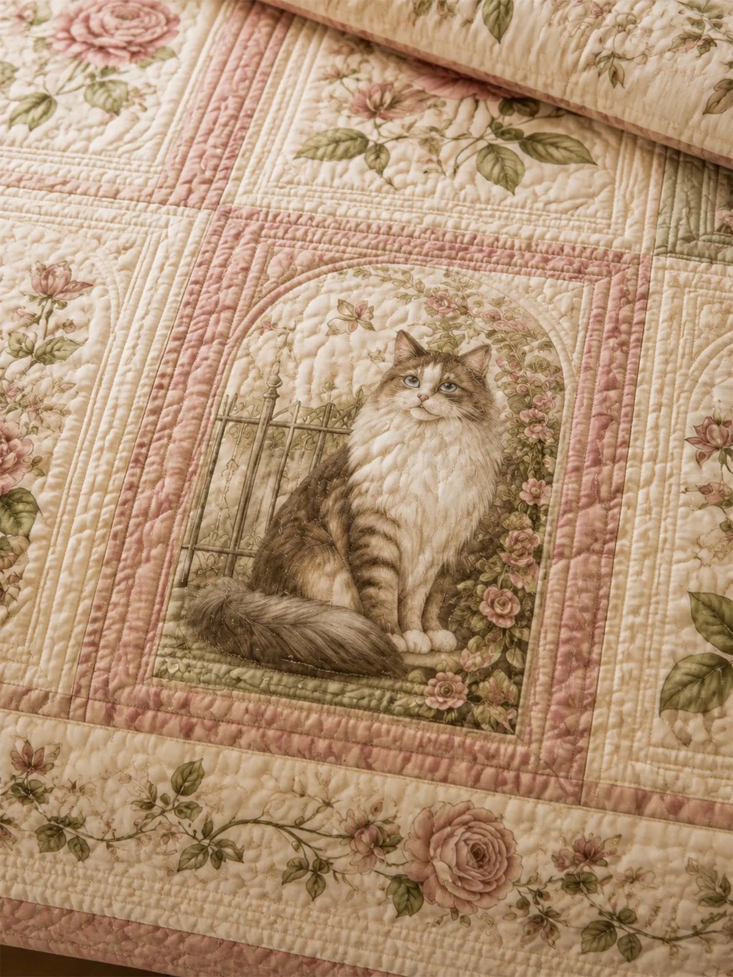 Vintage Rose Cat Garden Quilted 3-Piece Bedding Set
