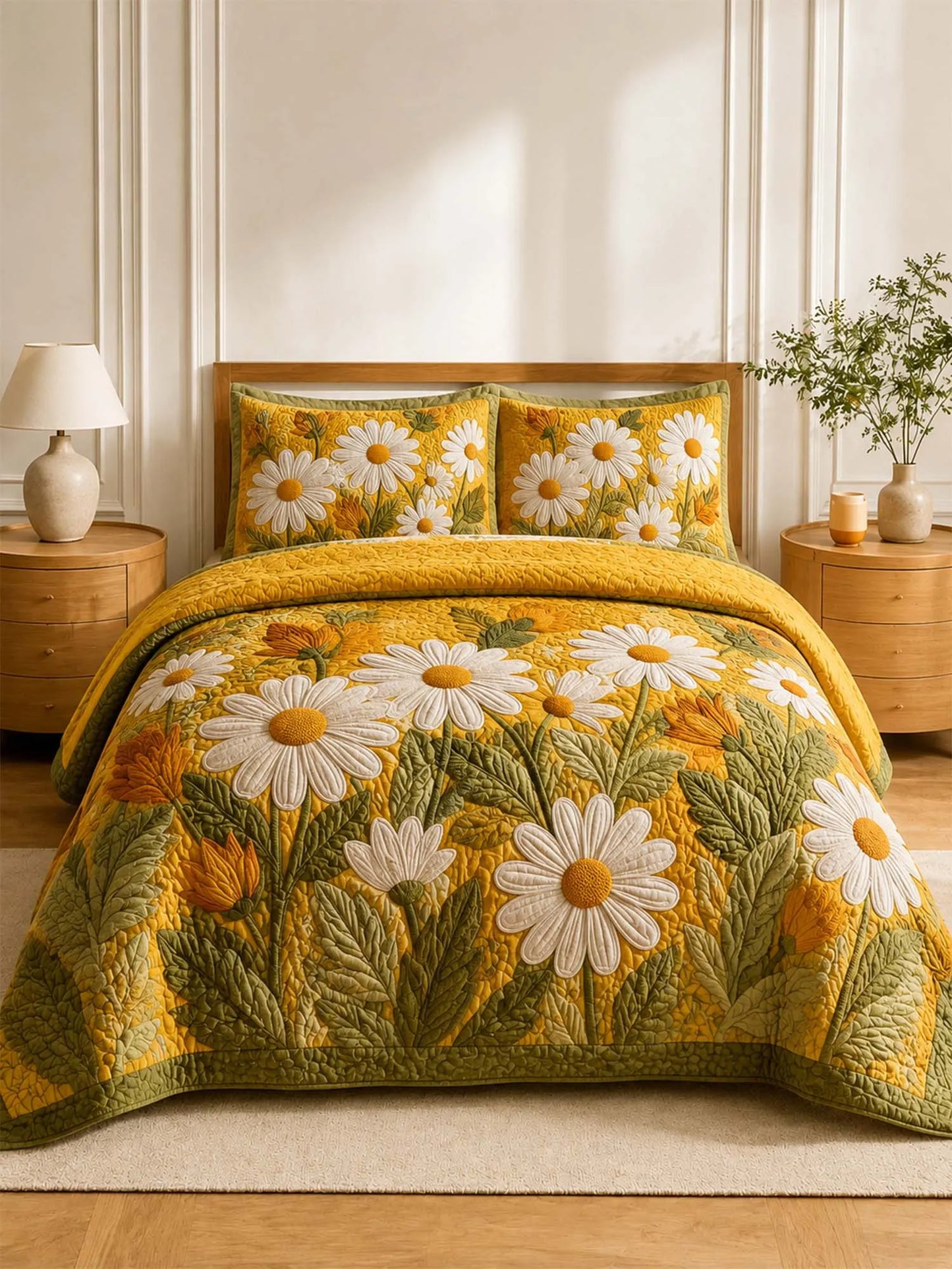 Golden Daisy Garden Quilted 3-Piece Bedding Set