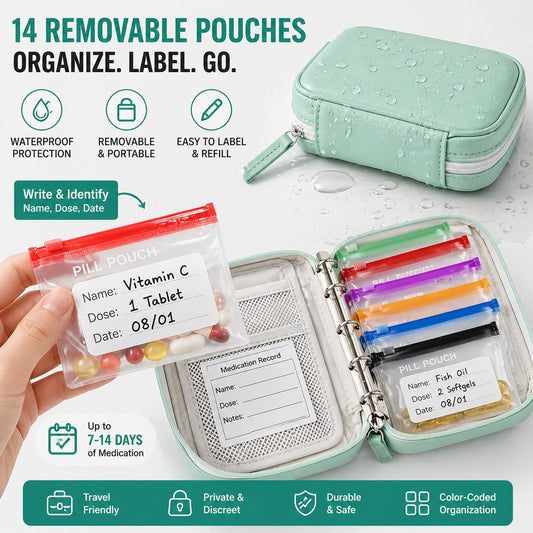 Waterproof Pill Organizer Pouch Set – 14 Removable, Colour-Coded Bags, Easy to Label & Refill