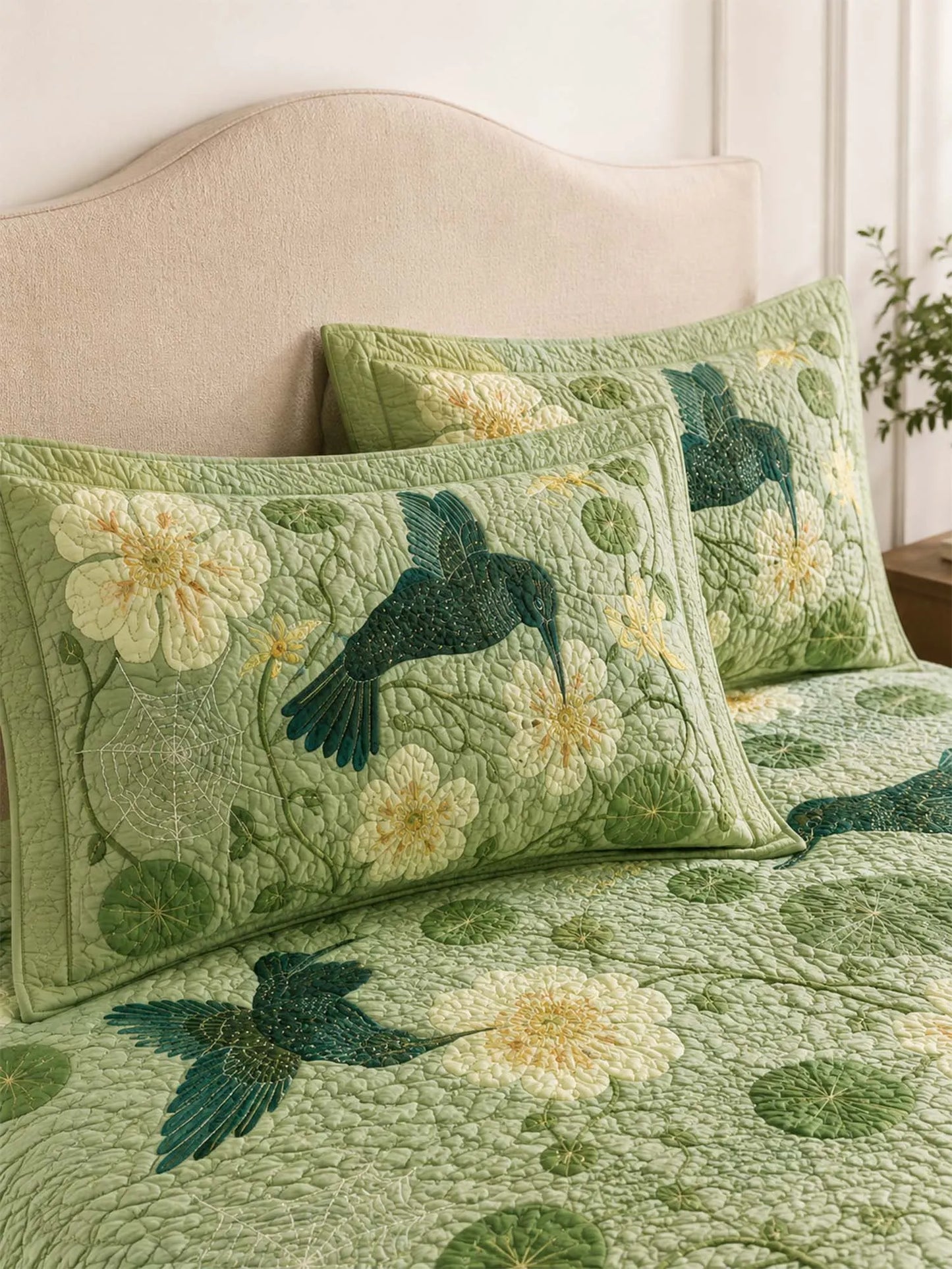 Hummingbird Botanical Garden Quilted 3-Piece Bedding Set
