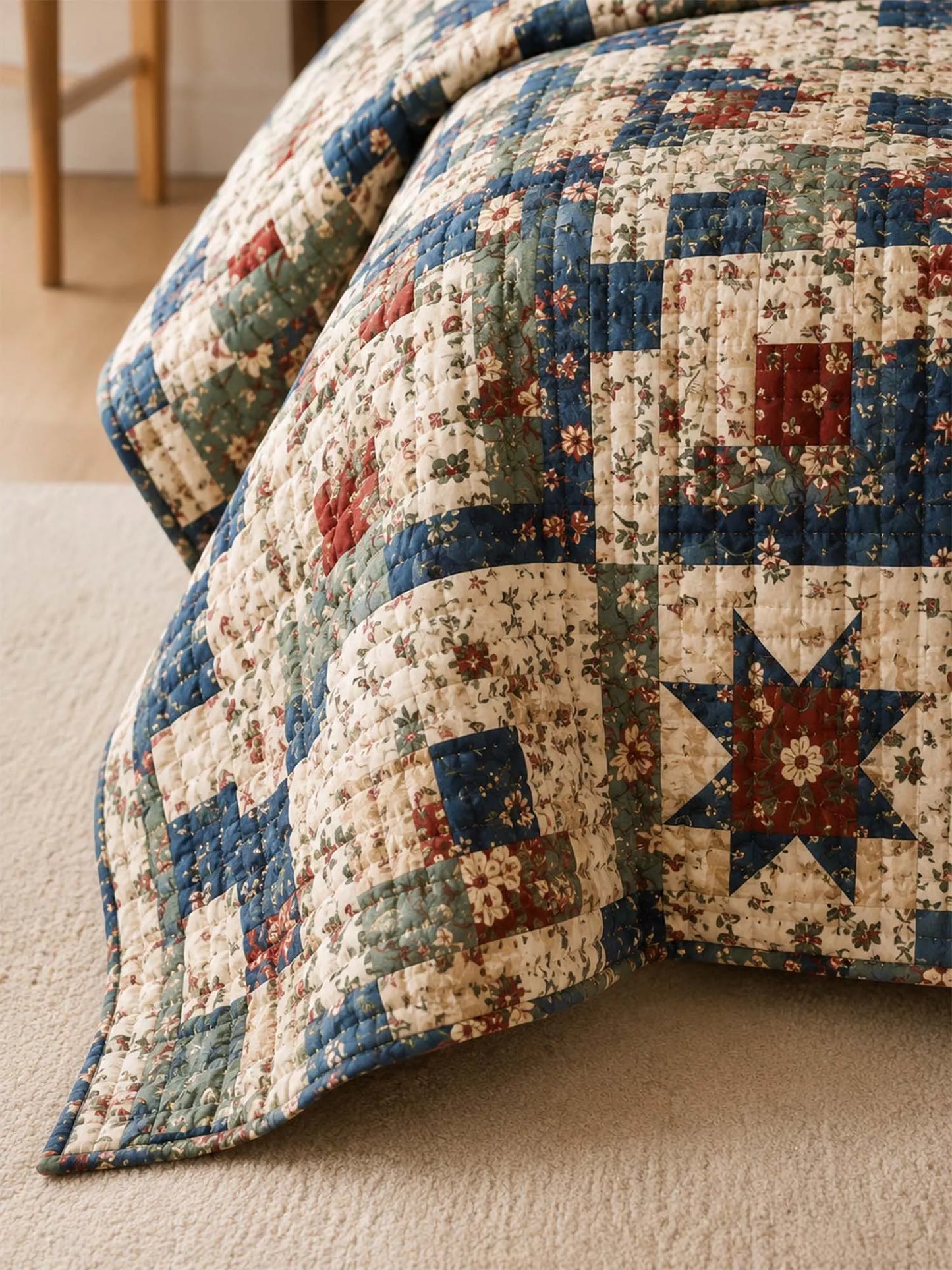 Vintage Patchwork Quilted 3-Piece Bedding Set – Classic Americana Quilted Bedding With Matching Pillow Shams