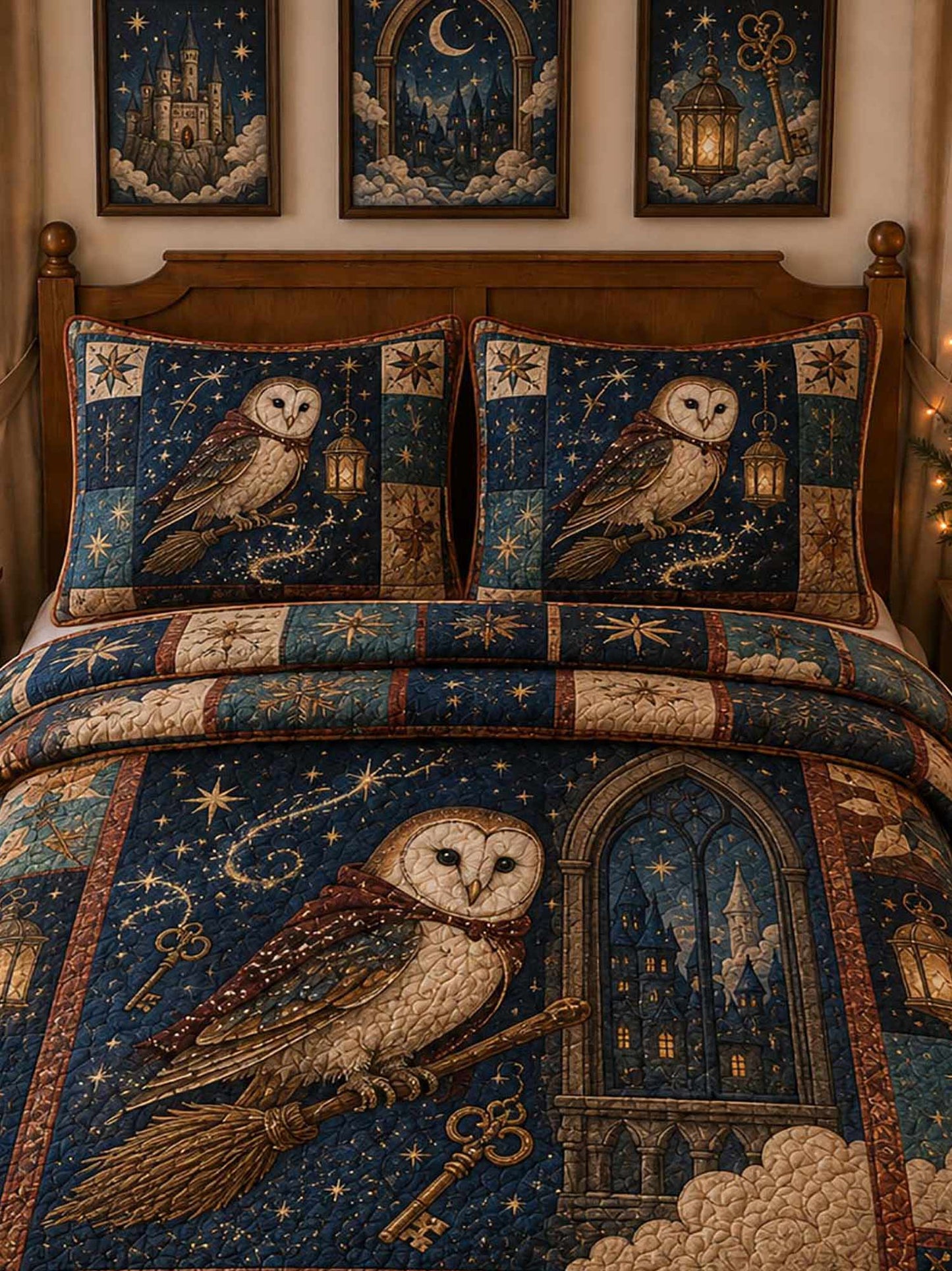 Magic Owl Castle Patchwork 3‐Piece Quilted Bedding Set