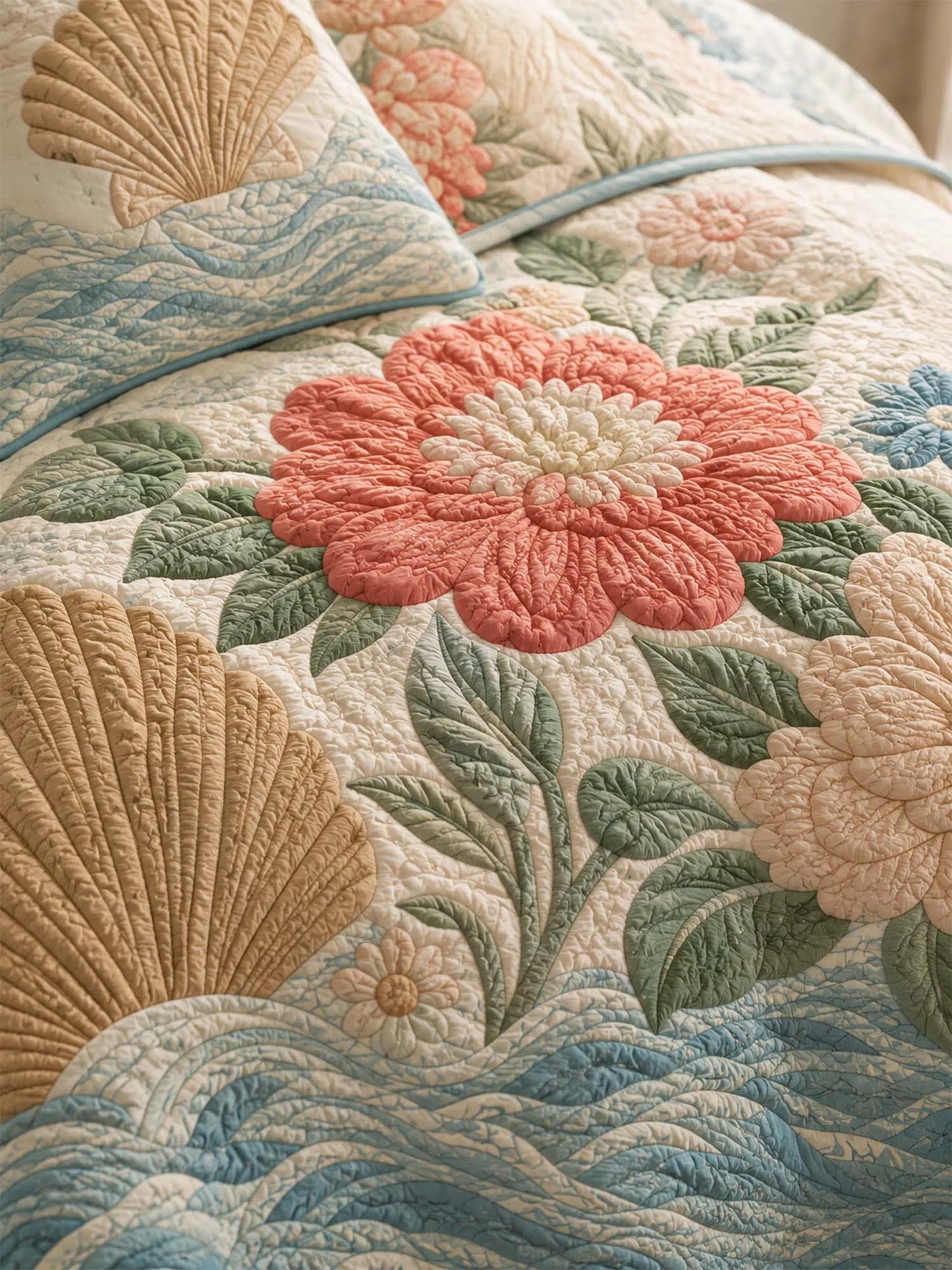 Coastal Floral Quilted 3-Piece Bedding Set – Luxury Quilted Bedding with Matching Pillow Shams