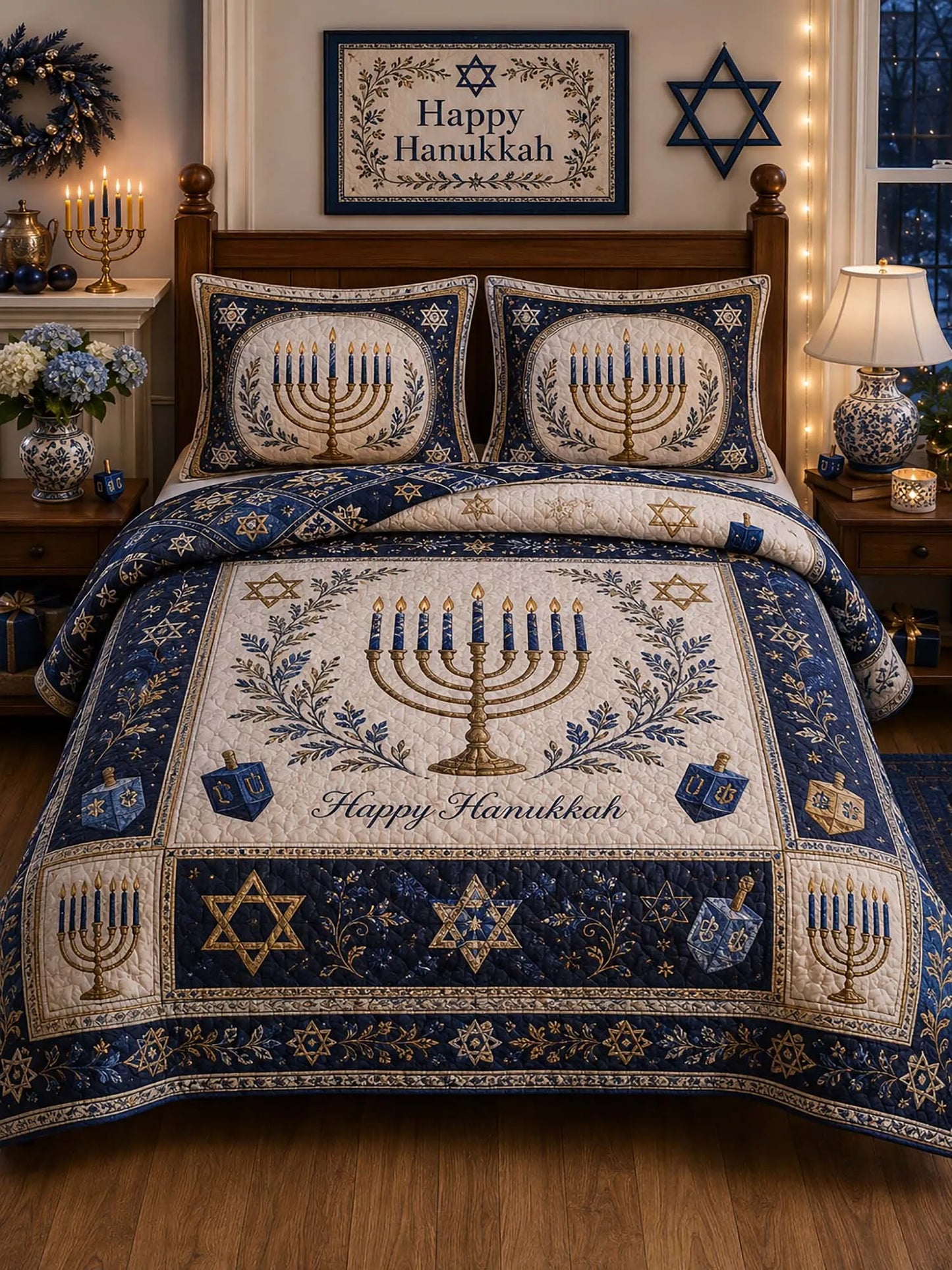 Happy Hanukkah Gold Blue Vintage 3‐Piece Quilted Bedding Set