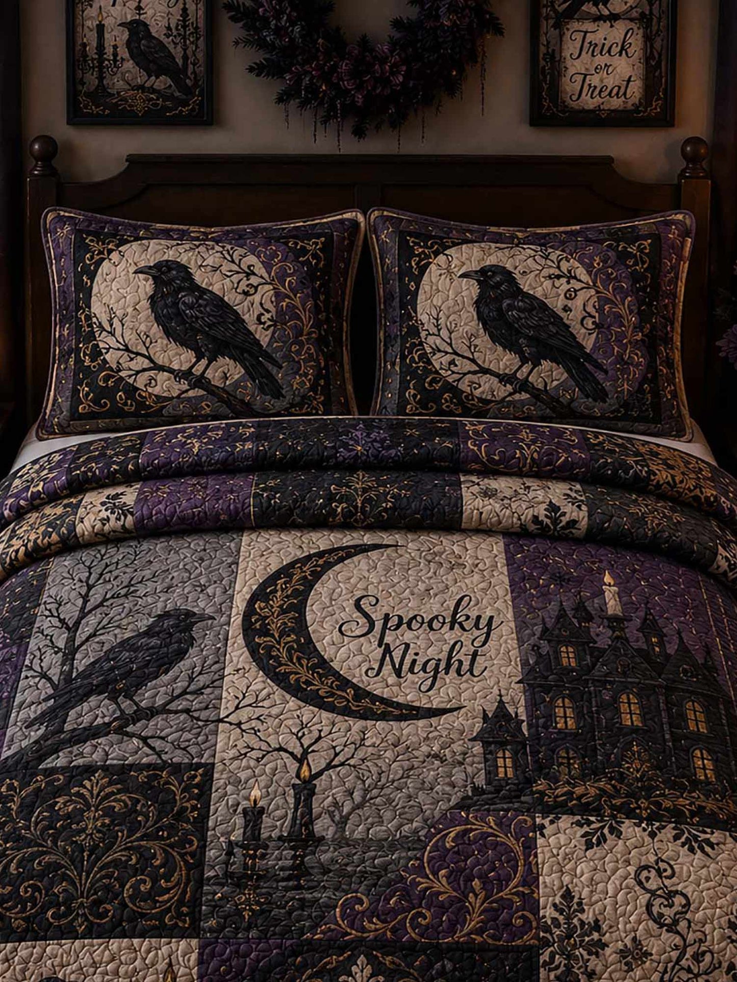 Raven Spooky Castle Patchwork 3‐Piece Quilted Bedding Set