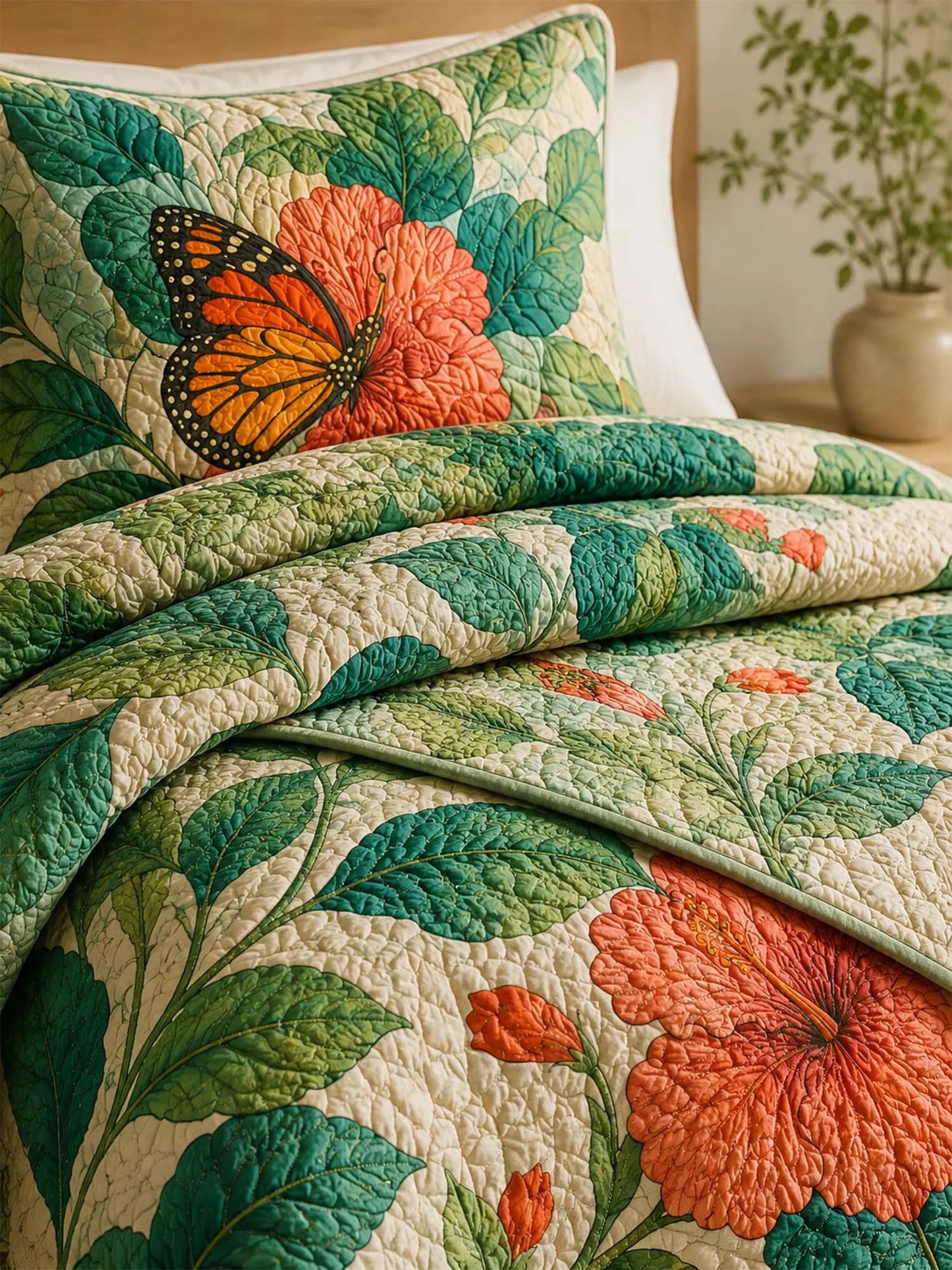 Monarch Butterfly Floral Garden Quilted 3-Piece Bedding Set