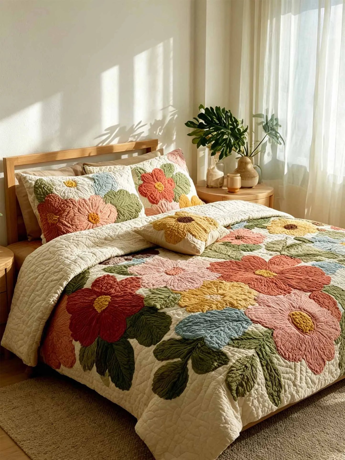 Retro Daisy Patchwork 3-Piece Quilted Bedding Set