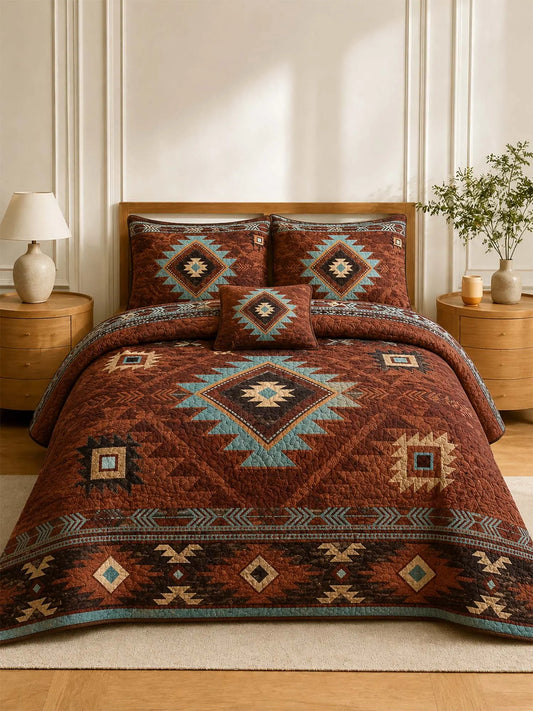 Southwestern Aztec Quilted 3-Piece Bedding Set – Rustic Luxury Quilted Bedding with Matching Pillow Shams