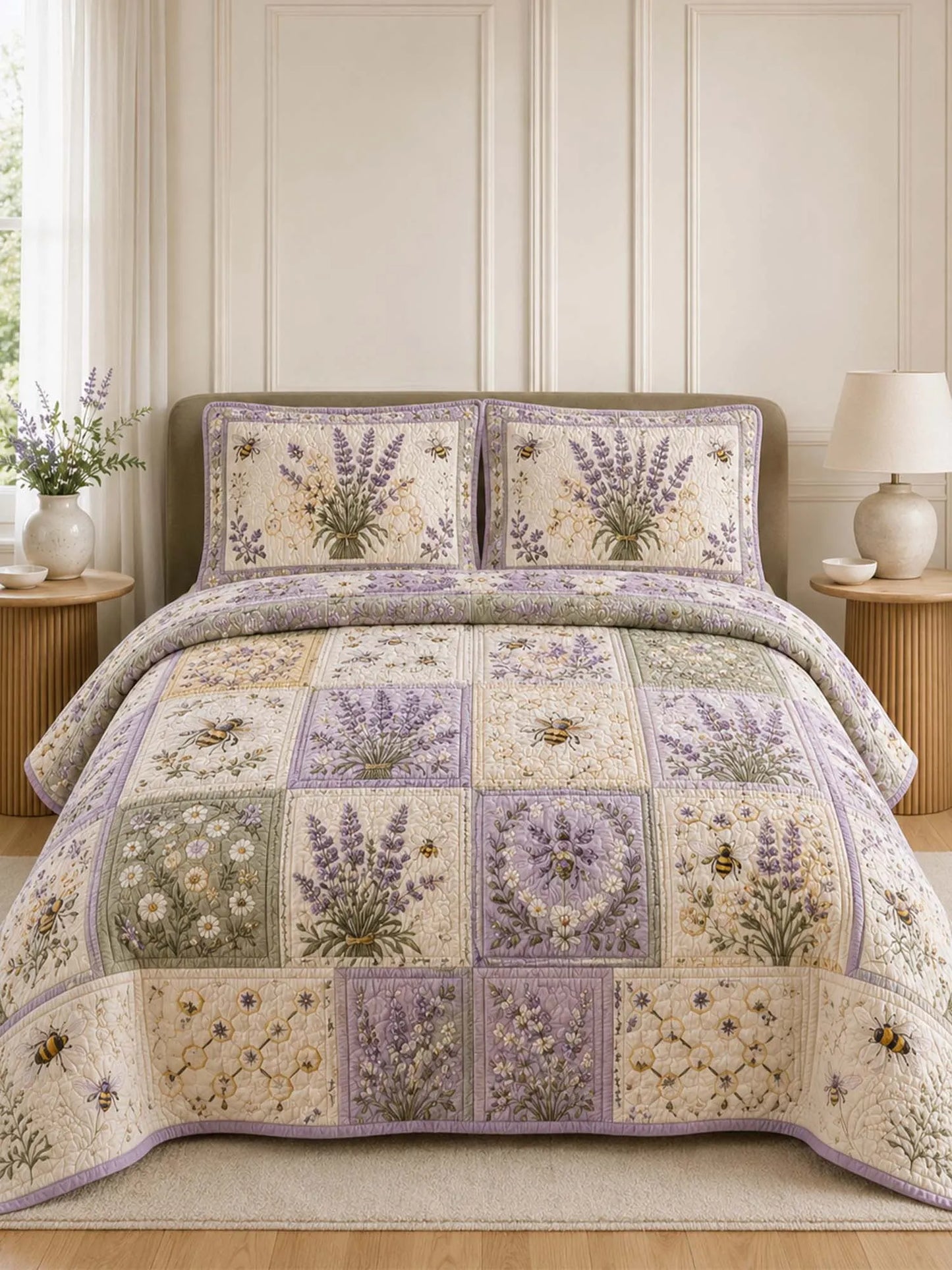 Lavender Bee Quilted 3-Piece Bedding Set – Classic Americana Quilted Bedding With Matching Pillow Shams