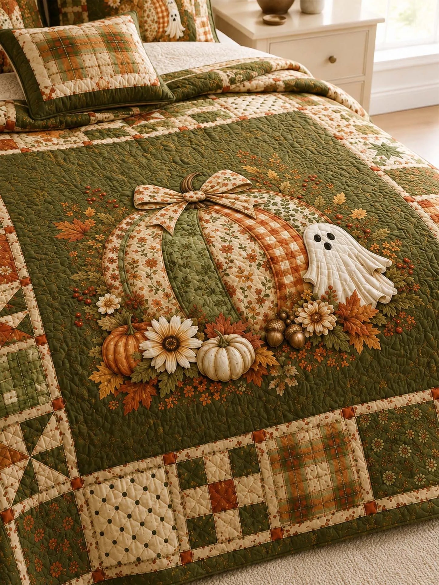 Pumpkin Ghost Harvest Quilted 3-Piece Bedding Set