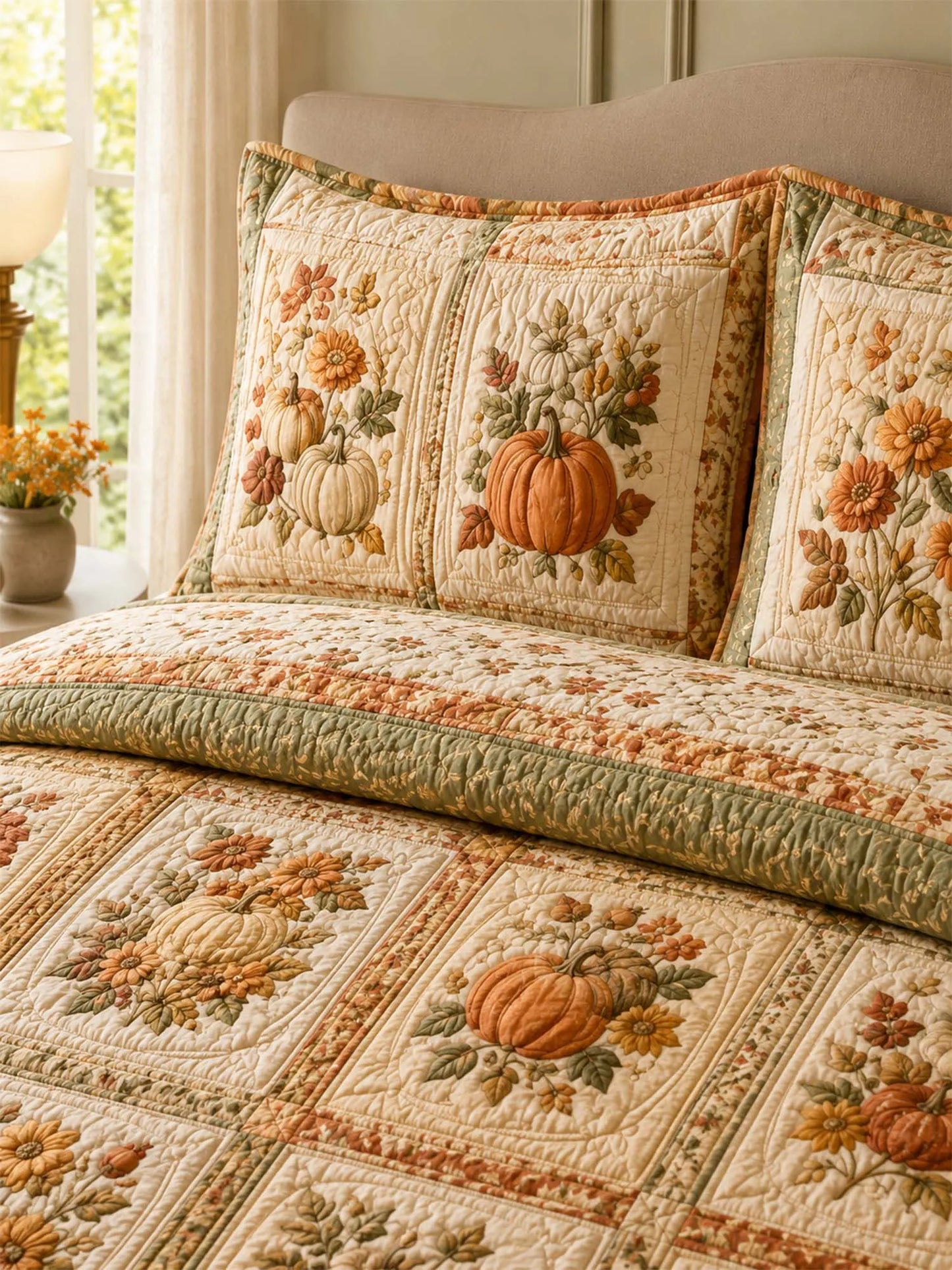 Pumpkin Harvest Quilted 3-Piece Bedding Set – Vintage Farmhouse Quilted Bedding With Matching Pillow Shams