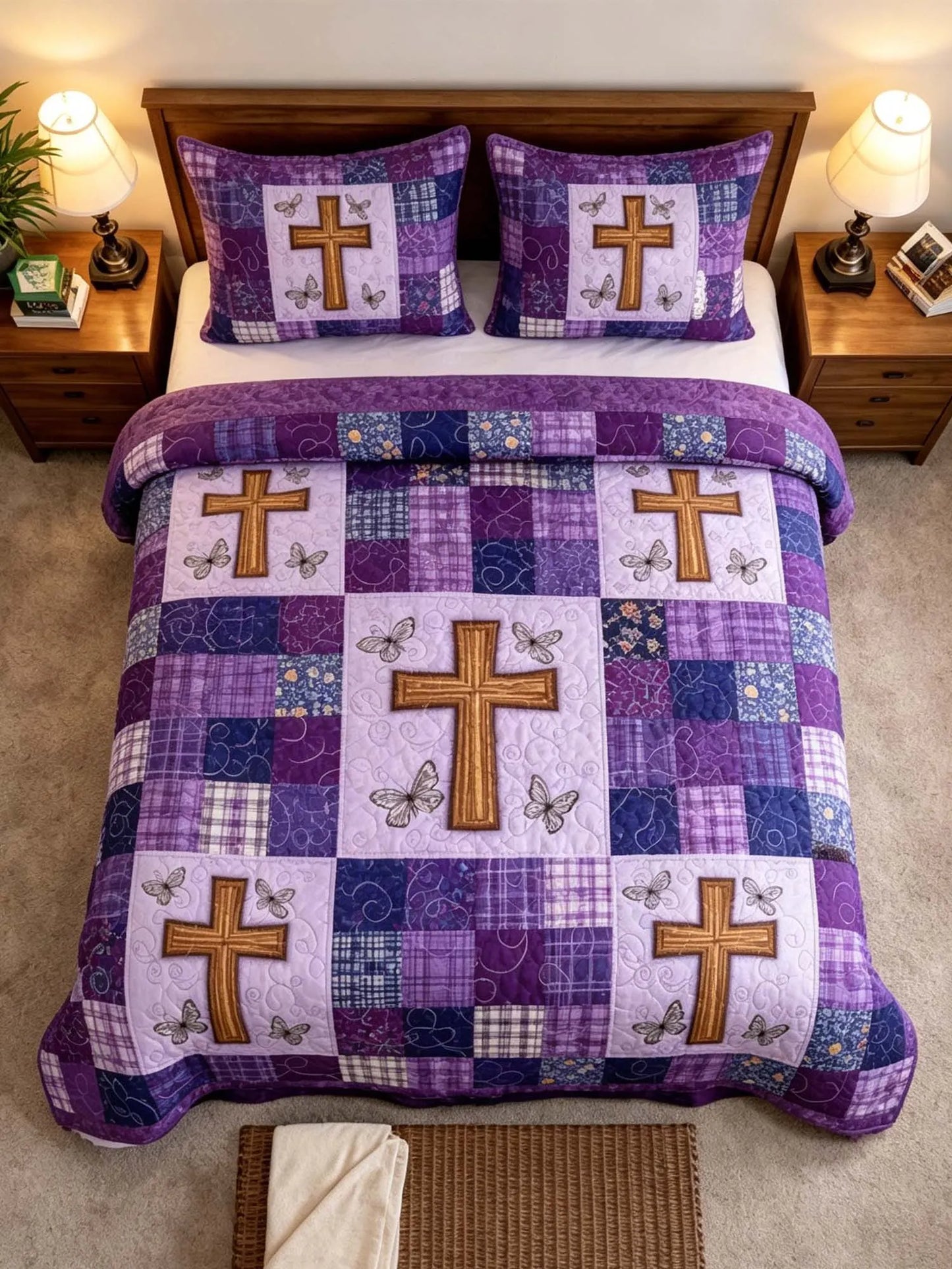 Purple Sash Cross 3-Piece Quilted Bedding Set