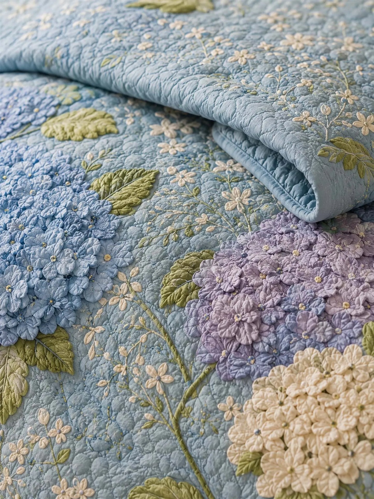 Blue Hydrangea Floral Quilted 3-Piece Bedding Set – Luxury Quilted Bedding With Matching Pillow Shams