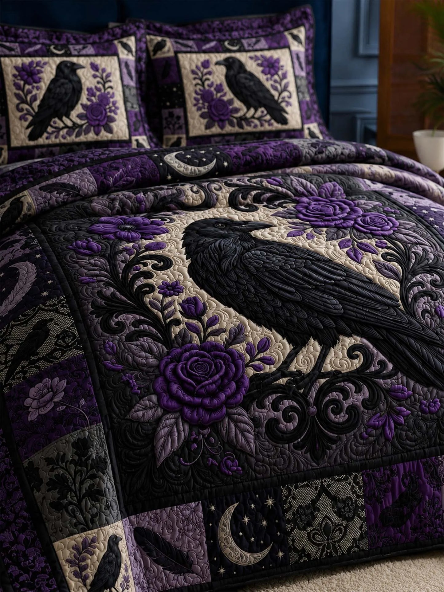 Raven Gothic Garden Quilted 3-Piece Bedding Set