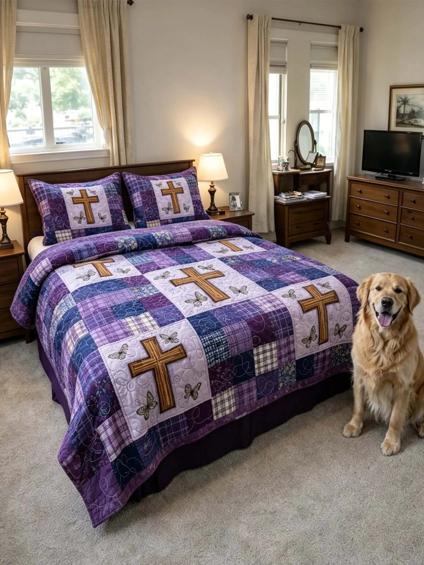 Purple Sash Cross 3-Piece Quilted Bedding Set
