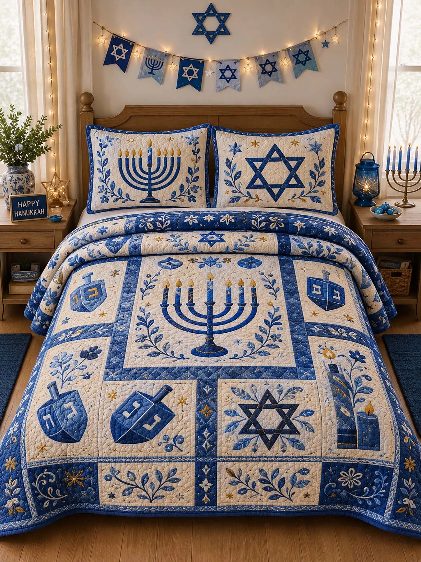 Hanukkah Menorah Dreidel Patchwork 3‐Piece Quilted Bedding Set