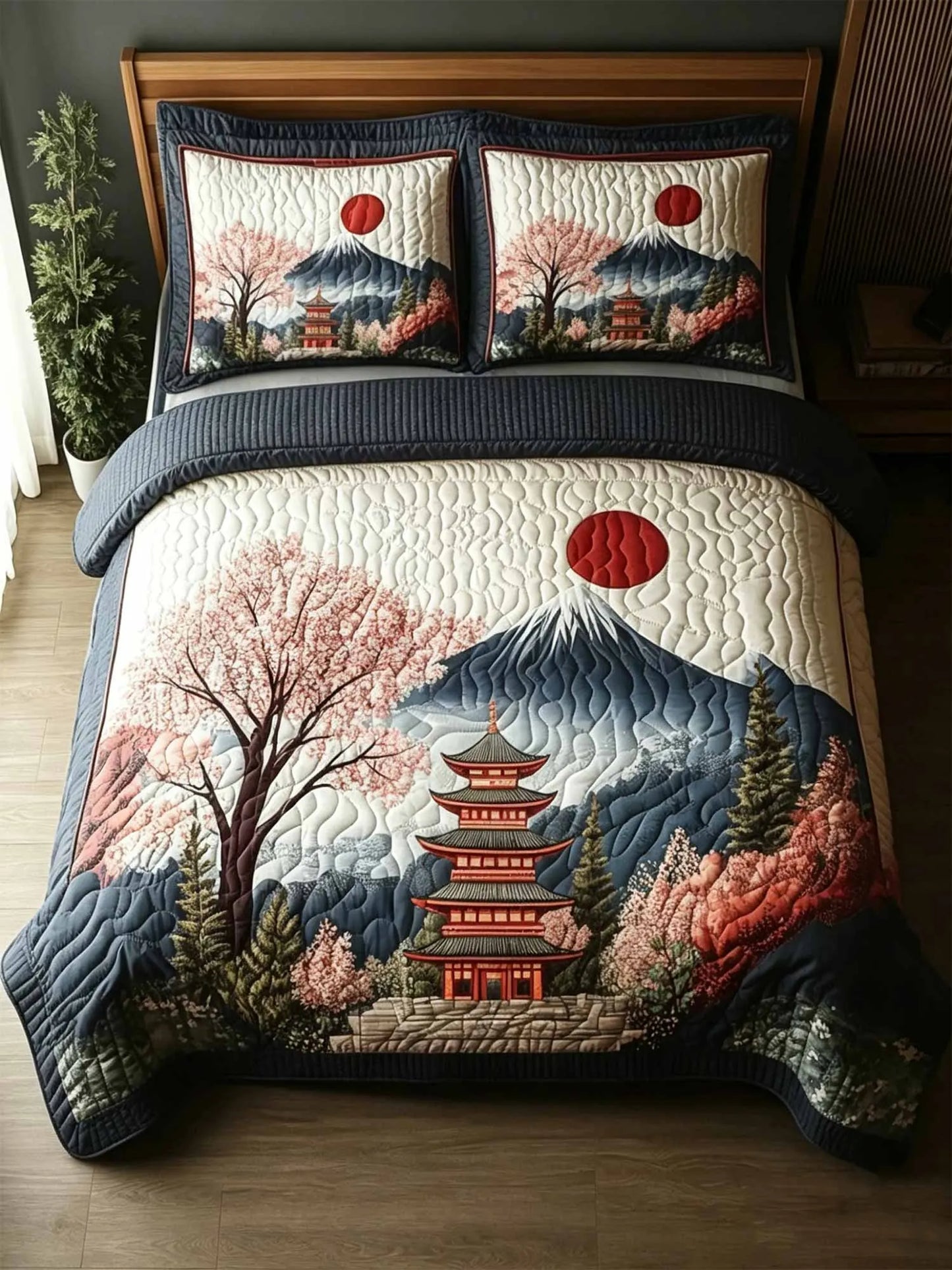 Japanese Pagoda Delight 3-Piece Quilted Bedding Set