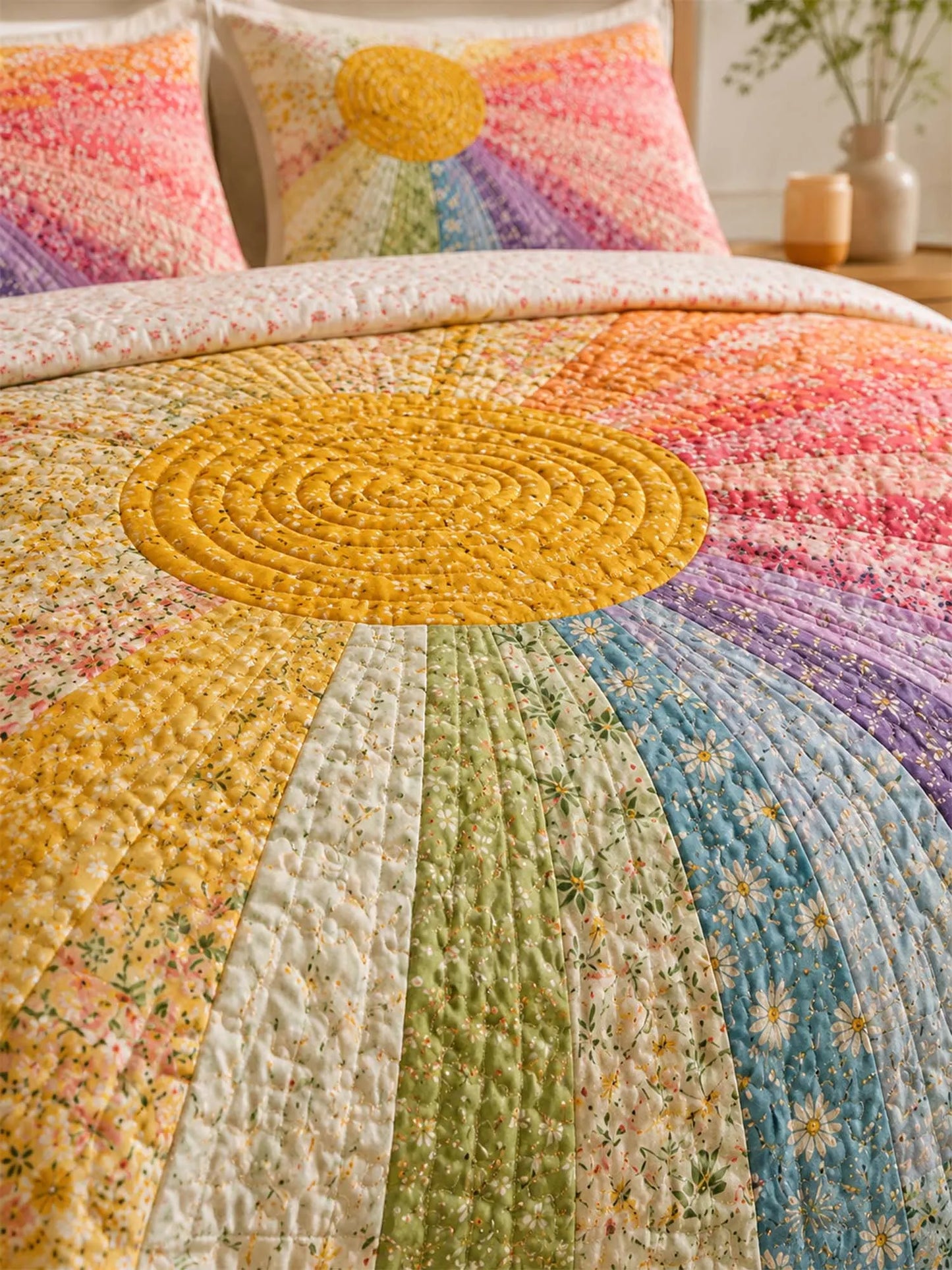 Rainbow Sunburst Quilted 3-Piece Bedding Set – Bohemian Vintage Quilted Bedding With Matching Pillow Shams