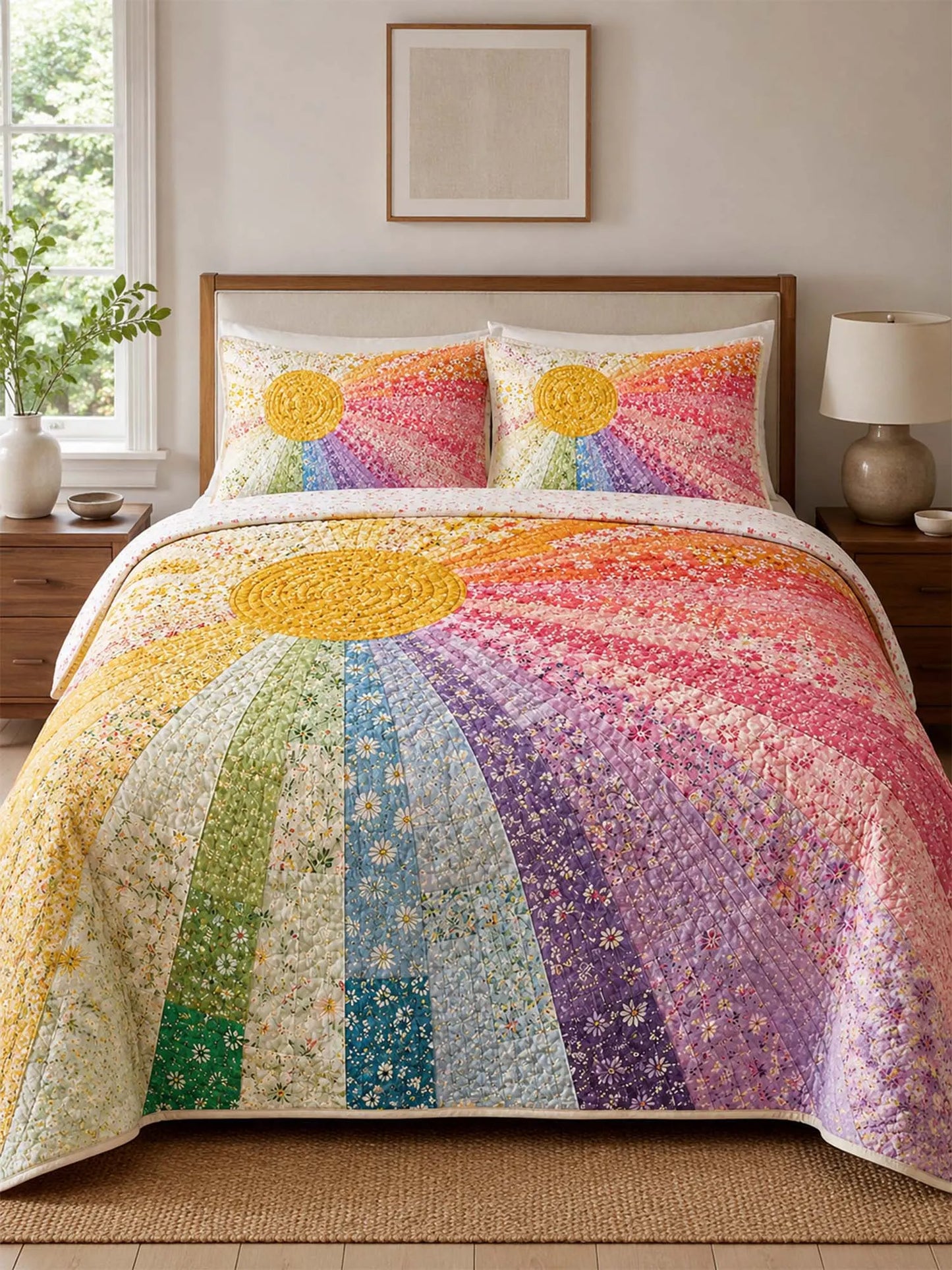 Rainbow Sunburst Quilted 3-Piece Bedding Set – Bohemian Vintage Quilted Bedding With Matching Pillow Shams